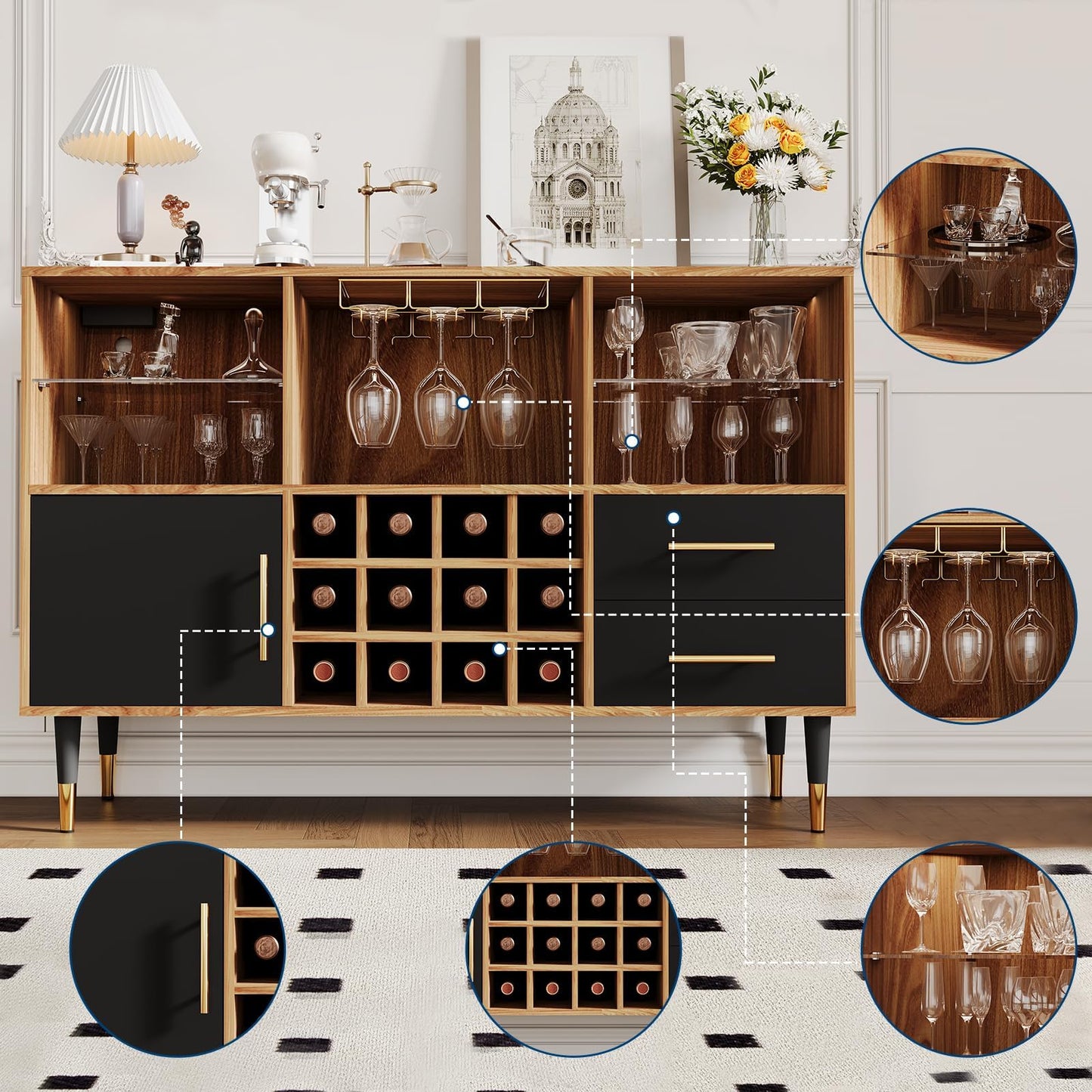 47 Inch Bar Cabinet with LED Lights & Charging Station, Modern Sideboard Buffet Cabinet with Storage Drawers, Wine Rack & Doors, Coffee Bar Table for Living Room, Dining Room, Home- Wood & Black