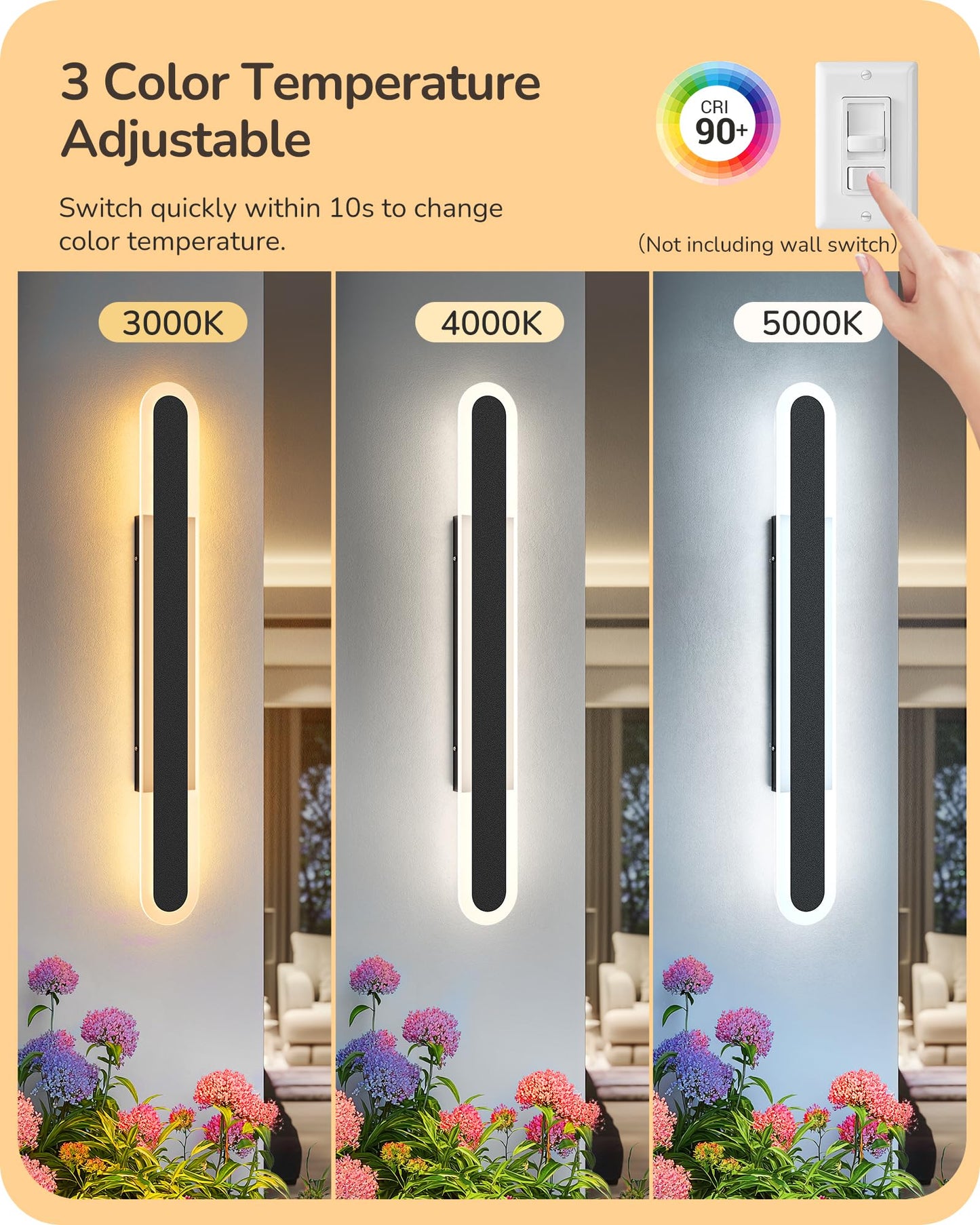 EDISHINE LED Outdoor Wall Lights, Dimmable, IP65 Waterproof, 39.4in, Black, Model HOWL22Q