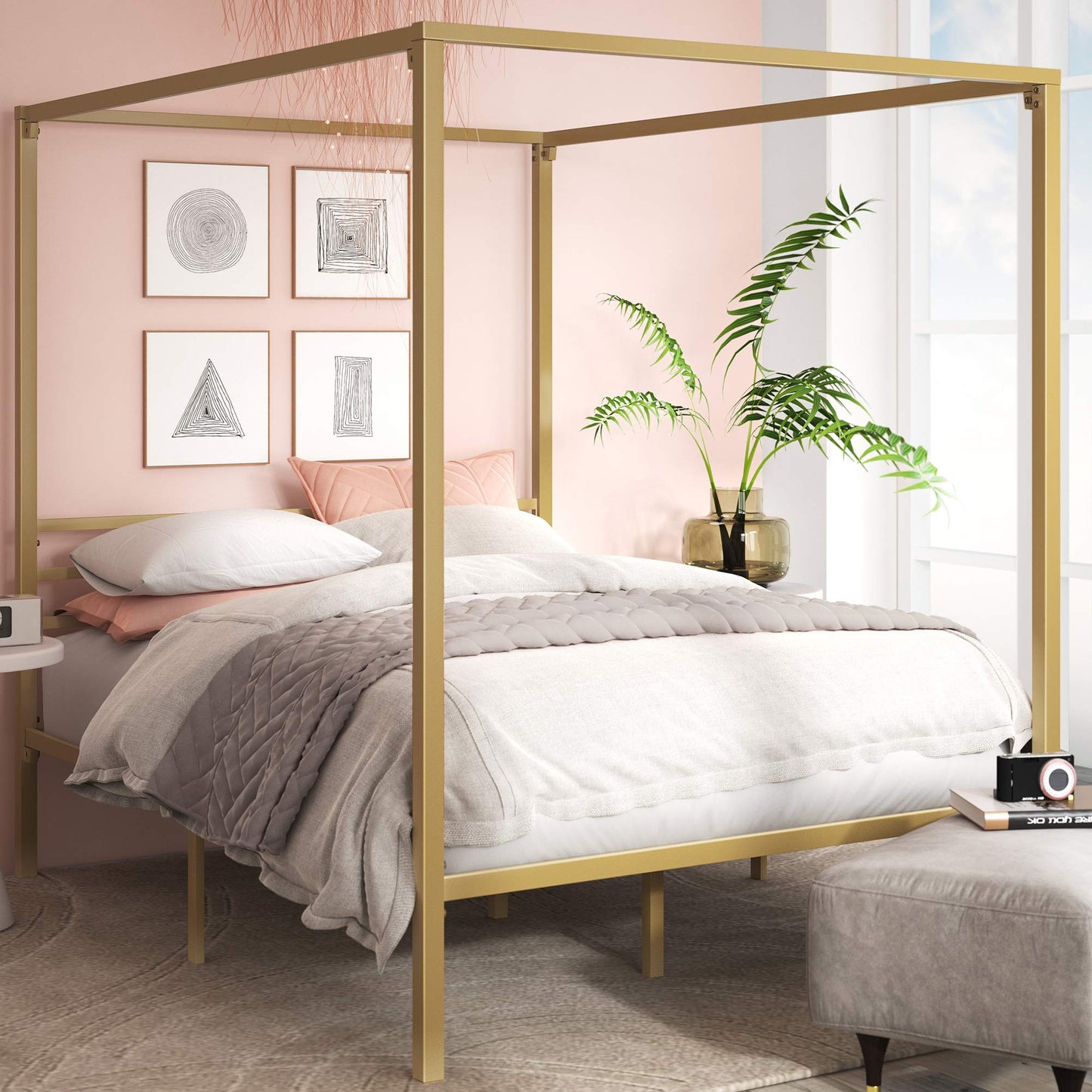 Zinus Patricia Gold Metal Canopy Platform Bed Frame, Mattress Foundation with Steel Slat Support, No Box Spring Needed, Easy Assembly, Full