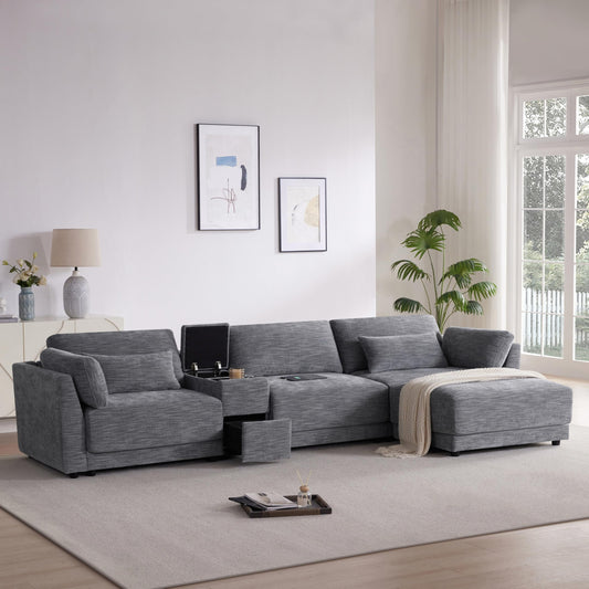 124" L-Shaped Corner Sectional Sofa with Multi-Functional Storage Console for Home Apartment, Luxury Chenille Upholstered Cloud Couches W/Wireless Charger & Ottoman