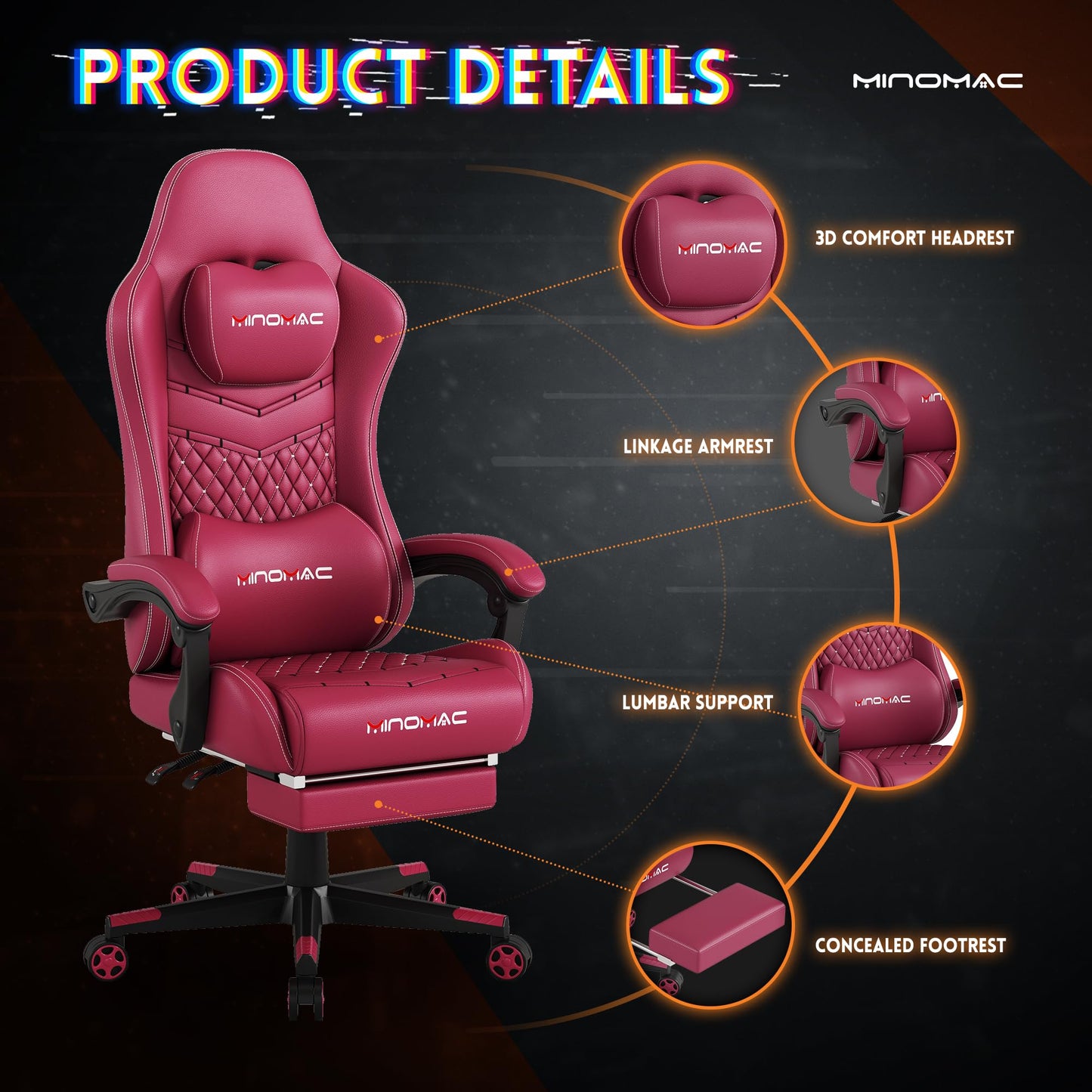 MINOMAC Gaming Chair, 400 lbs Adult Chair, High Back Computer Chair with Footrest and Linked Armrests, Office Video Game Chair with Lumbar Support (RED)