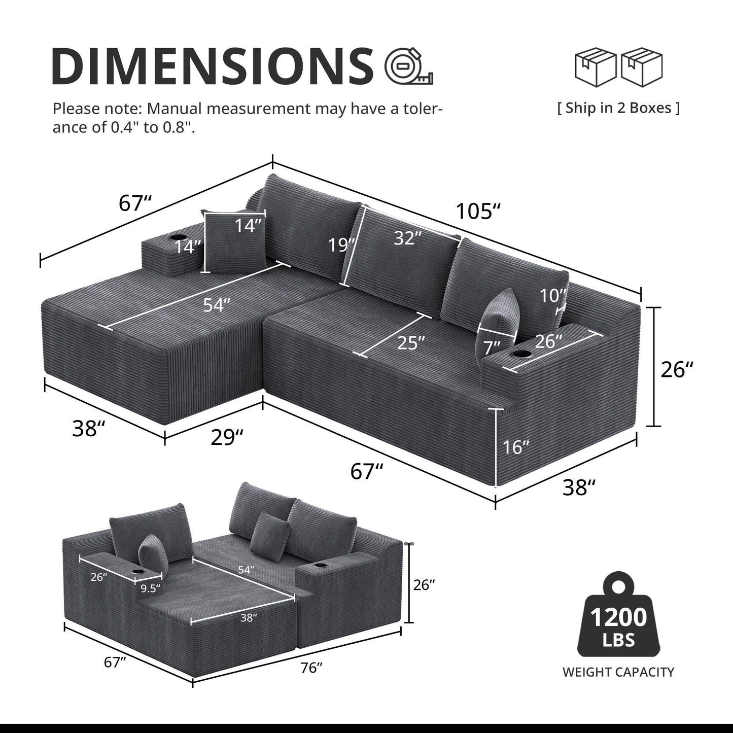 Eafurn 105" L-Shaped Compression Modular Sectional Sofa, Left Facing Corduroy Upholstered Boneless Couch in a Box with Chaise and 2 Cup Holders & Throw Pillows, No Assembly Required