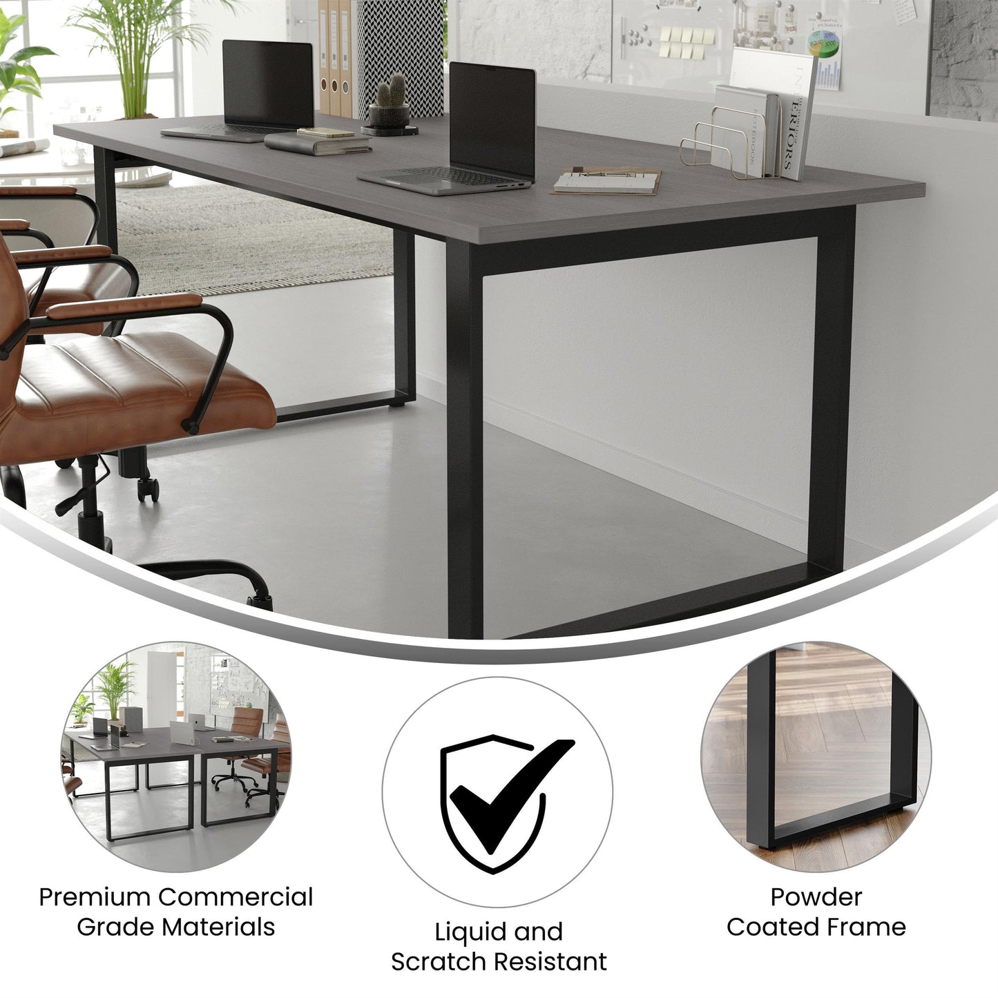Flash Furniture Redmond Conference Table with U-Frame Base, Commercial Water and Scratch Resistant Laminate Finish, PVC Edge, Heavy Duty Steel Frame, 72x36, Gray Oak