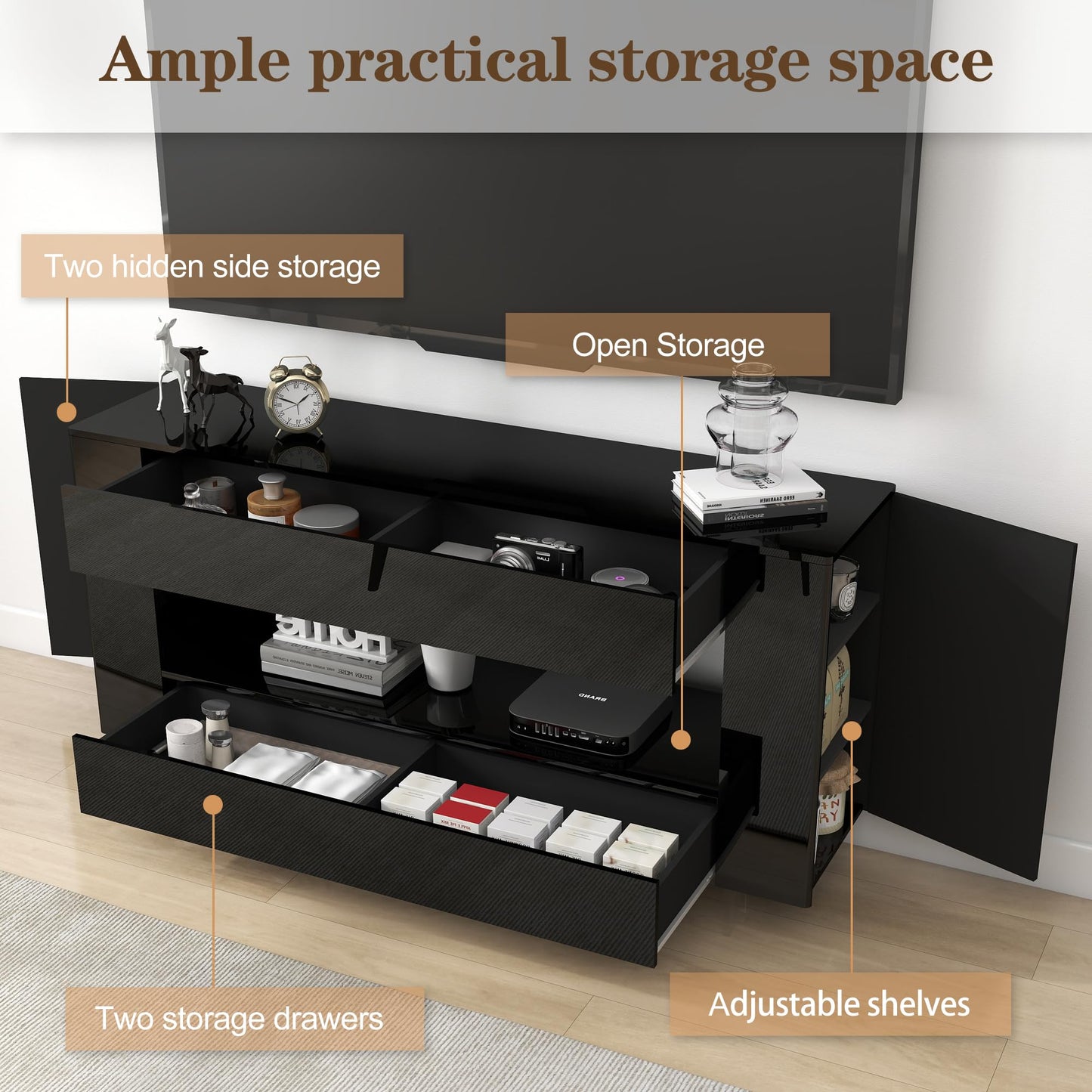 65" TV Stand with 2 Drawers & Hidden Storage Cabinets, High Gloss Black