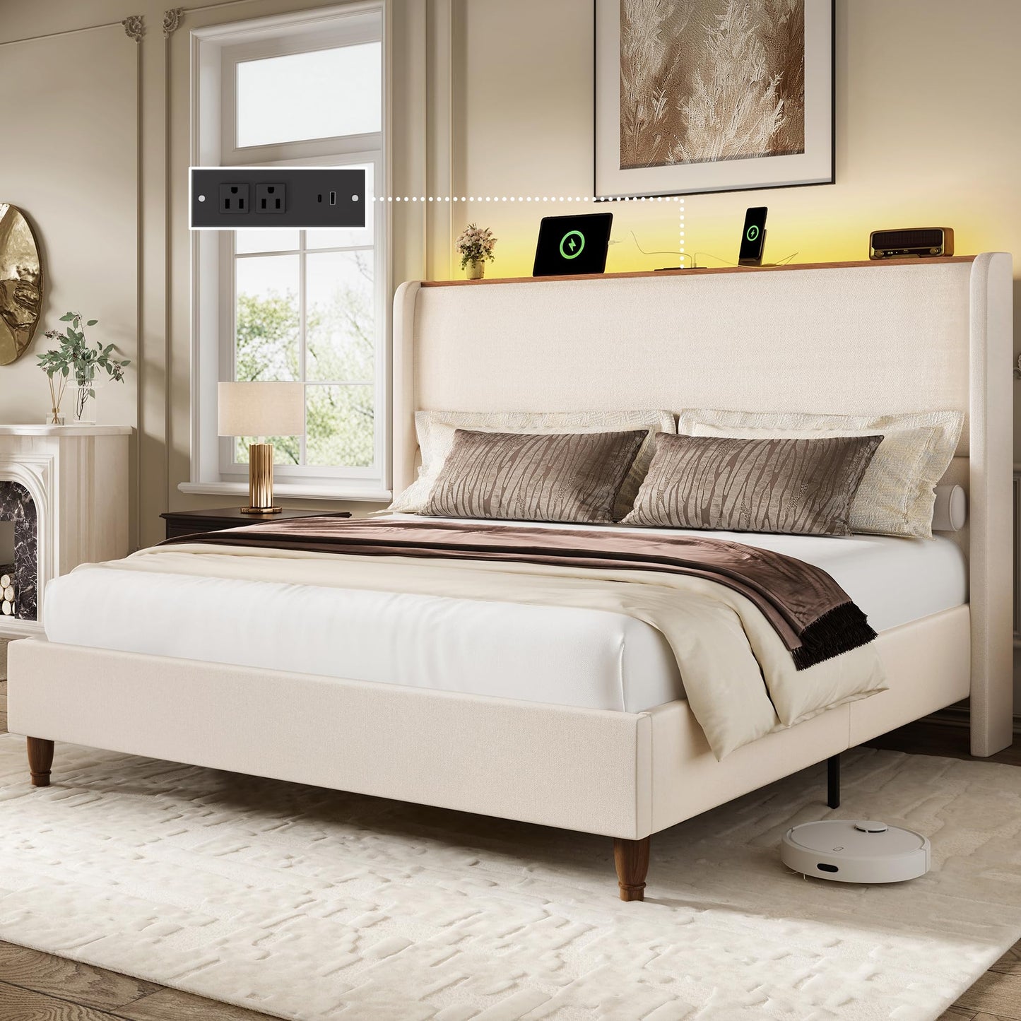 BRELTAM Queen Size Bed Frame with 51.2" Tall Headboard Wingback Linen Upholstered Platform Bed Frame with LED Lights and Charging Station, Storage Shelf, No Box Spring Needed, Noise-Free, Beige