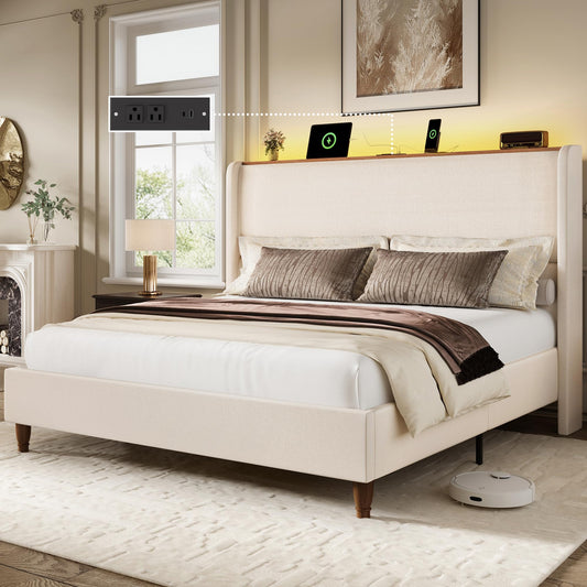 BRELTAM Queen Size Bed Frame with 51.2" Tall Headboard Wingback Linen Upholstered Platform Bed Frame with LED Lights and Charging Station, Storage Shelf, No Box Spring Needed, Noise-Free, Beige