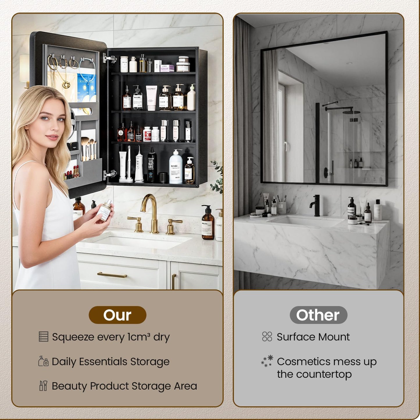 MemoCastle Medicine Cabinet with Mirror, 20x30 Inch Aluminum Bathroom Cabinet with Adjustable Shelves, Built-in Makeup Storage, Recessed or Surface Mount, Soft Close Hinges, Matte Black