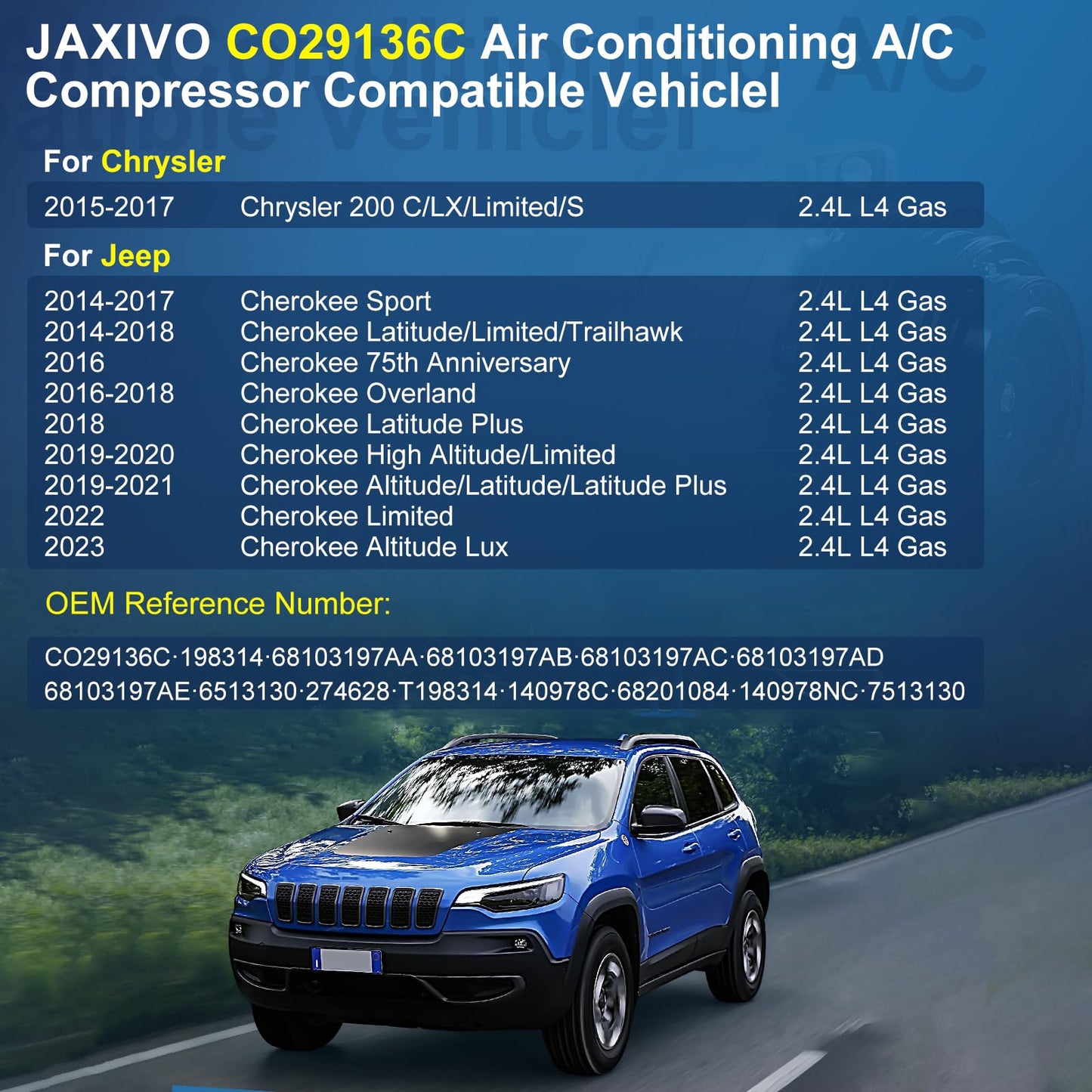 Jaxivo 198314 Air Conditioning A/C Compressor Compatible with 15-17 Chrysler 200 C/LX/Limited/S 2.4L L4,14-23 Cherokee 2.4L,Air Conditioner Compressor Replace CO29136C,68103197AA