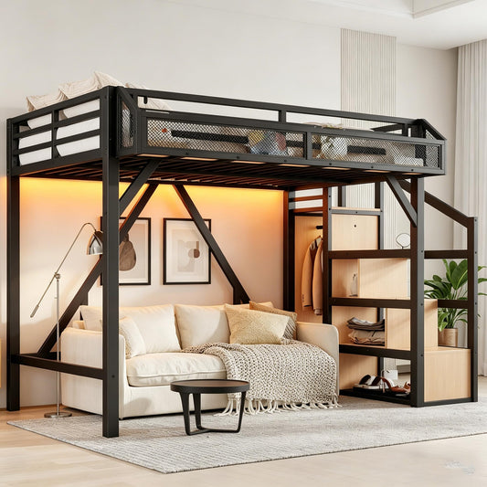 Bellemave Twin XL Size Loft Bed with Stairs and Wardrobe,Heavy Duty Metal Loft Bed Frame with Shelves,LED Lights and Charging Station for for Kids,Teens,Adults,Natural Wood