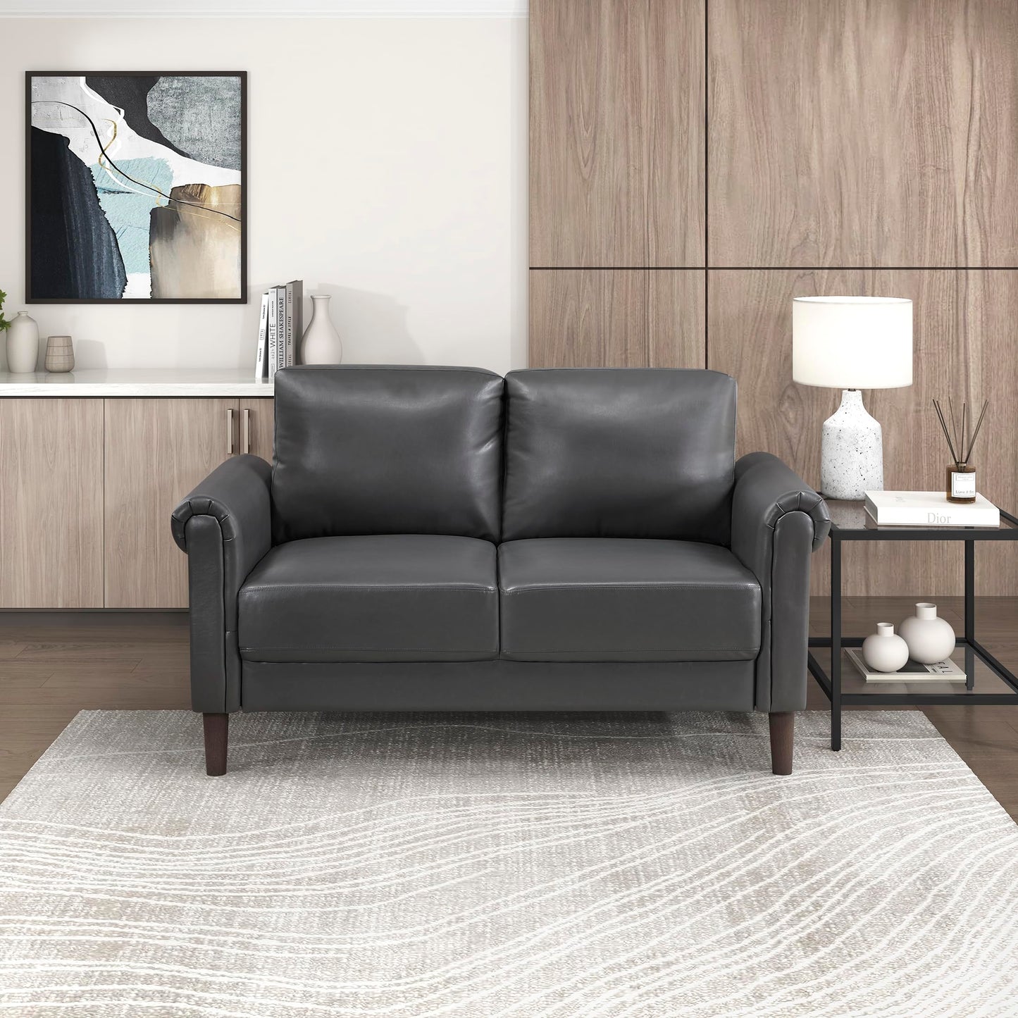 Lexicon 57" W Loveseat, Faux Leather Upholstered Couch, Loveseat with Rolled Armrest for Bedroom/Office/Waiting Room, 2 Seater Couch, Dark Gray
