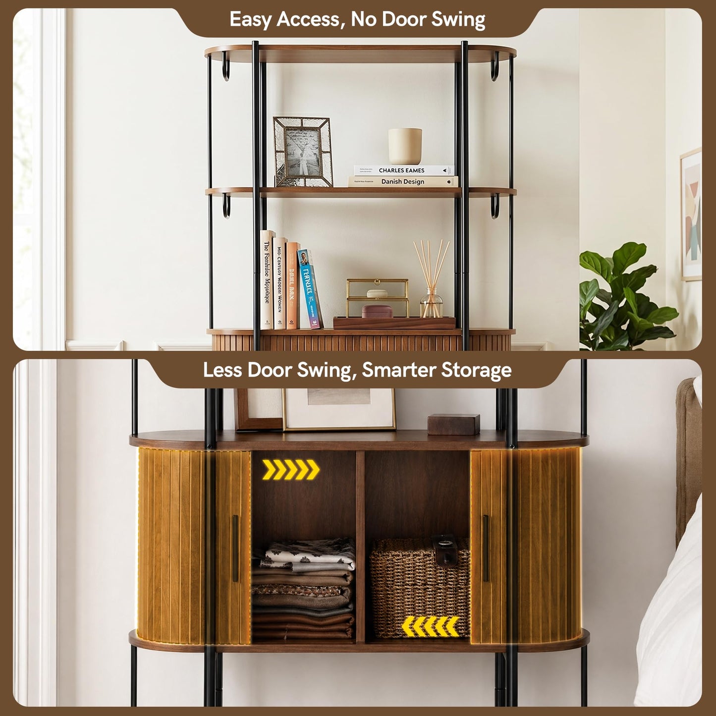 Afuly 72" Tall Bookshelf with Doors Mid Century Modern Walnut Book Shelf with Cabinet, 5 Shelf Bookcase for Display and Storage, Curved Bookshelves with Tambour Doors for Living Room Bedroom Office
