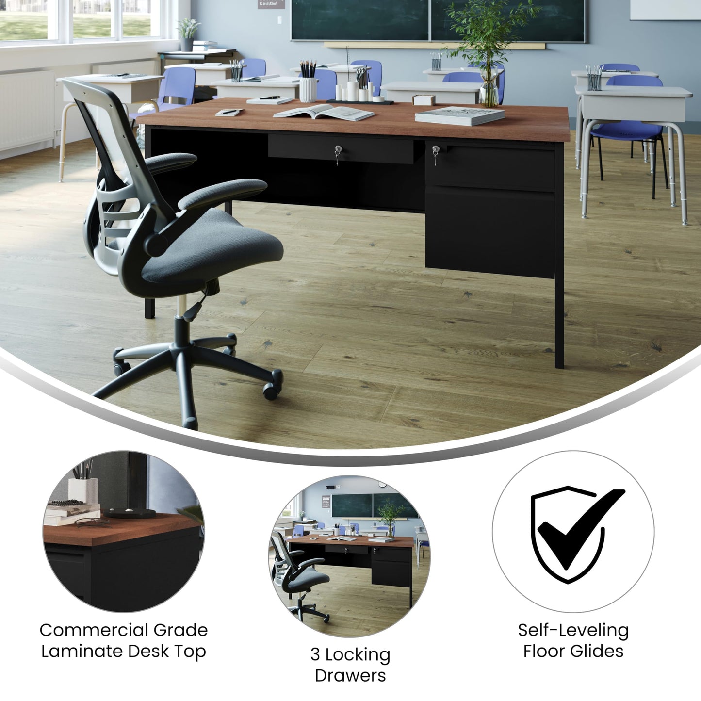 Flash Furniture Cambridge Right Side Single Pedestal Desk with 3 Locking Drawers, Commercial Grade Teacher's or Office Desk, 30x60, Metal Frame, Walnut/Black
