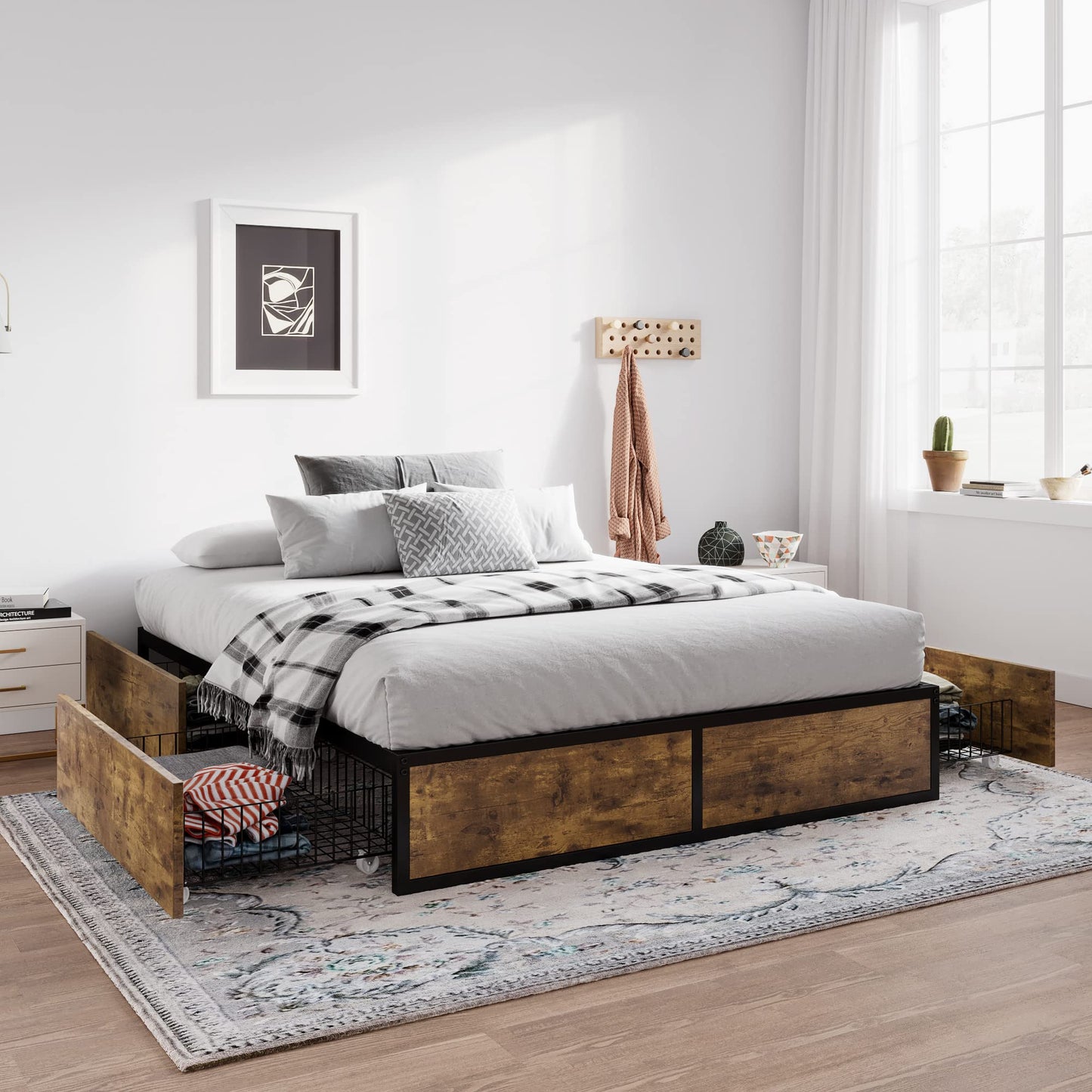 SHA CERLIN Full Size Bed Frame with Storage, 4 Extra Large Drawers on Wheels, Mattress Foundation, Strong Metal Slat Support, No Box Spring Needed, Easy Assembly