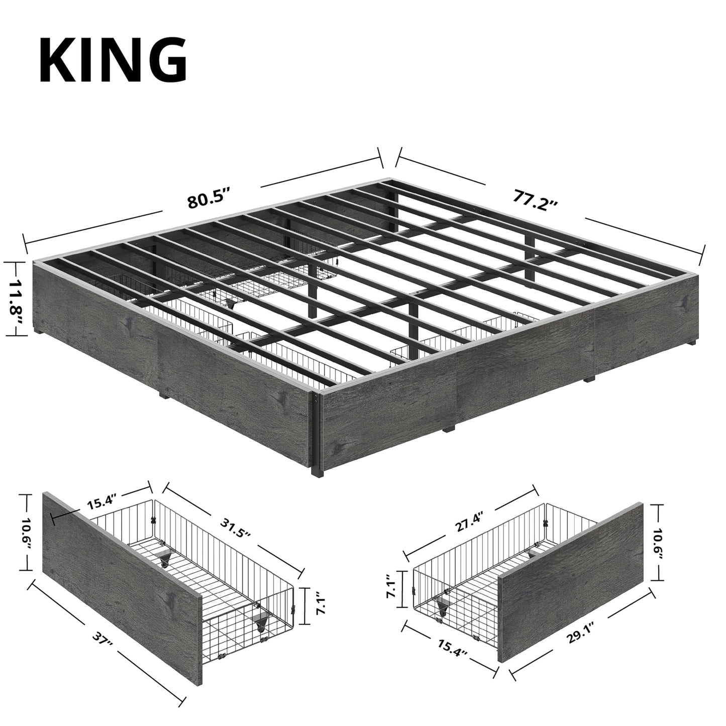 LIKIMIO King Bed Frame with Storage, 4 Drawers and Heavy Strong Metal Support Frames, Solid Stable, Noise-Free, No Box Spring Needed, Easy Assembly, Charcoal Grey