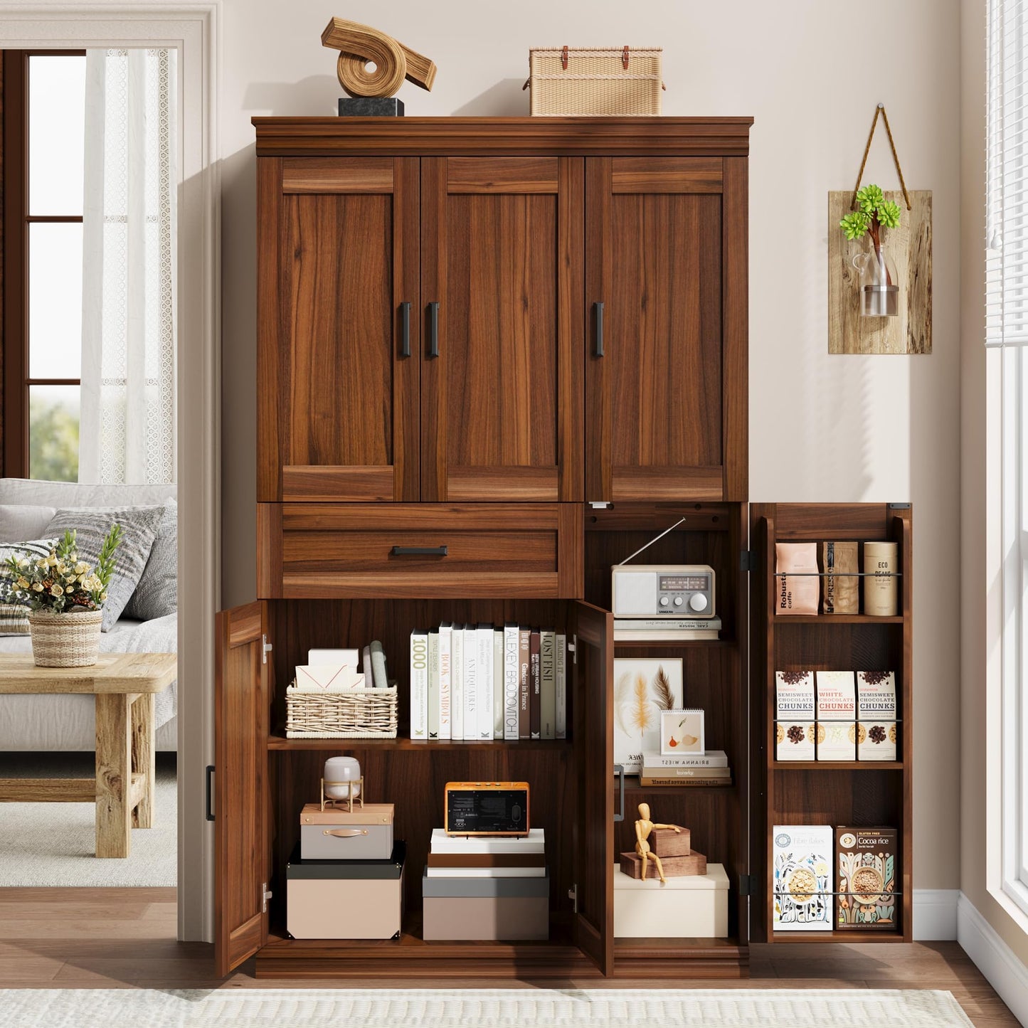 Garvee 70" Tall Kitchen Pantry Storage Cabinet, Modern Kitchen Hutch Cabinet with Doors and Shelves, Freestanding Food Pantry with Large Storage Drawer for Dining Room and Household Organization