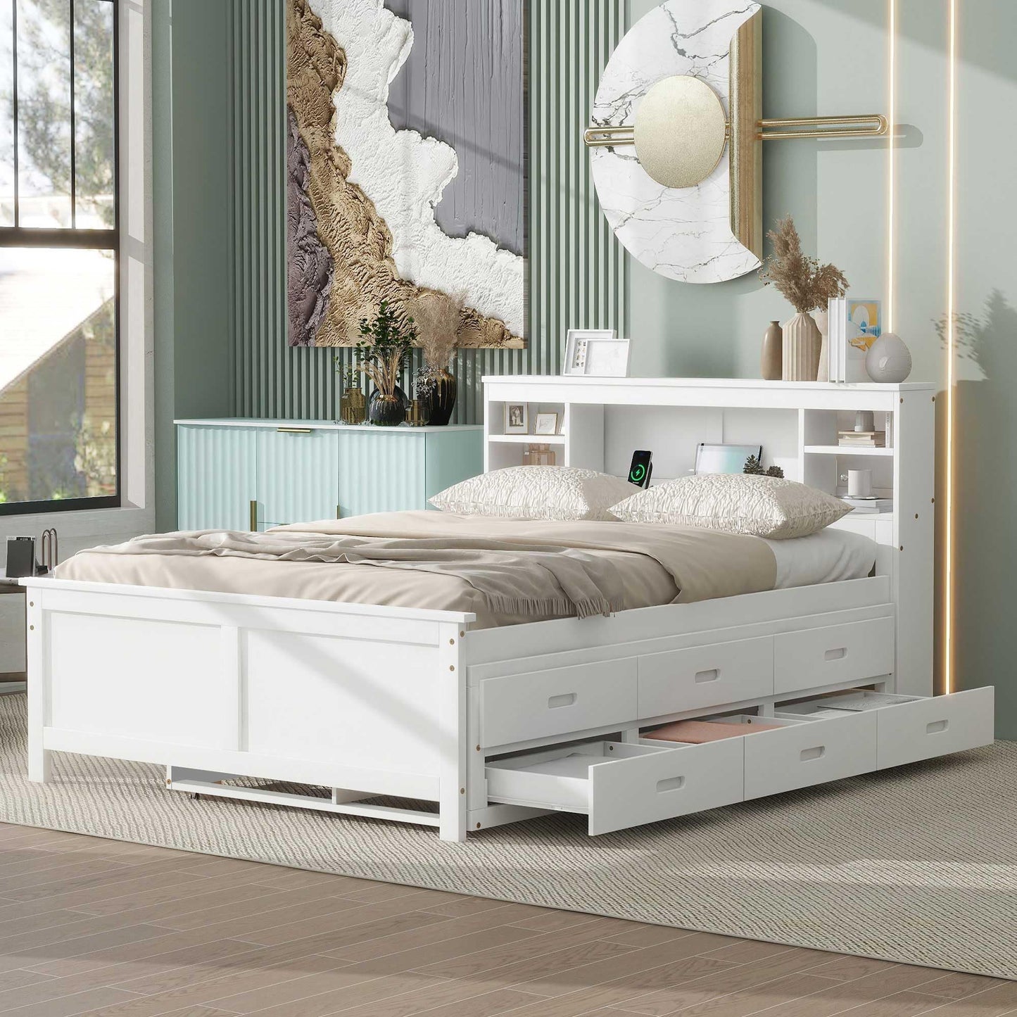 Merax Full Size Platform Bed with Storage Headboard, USB, Wood Bedframe with Twin Size Trundle and 3 Drawers, White