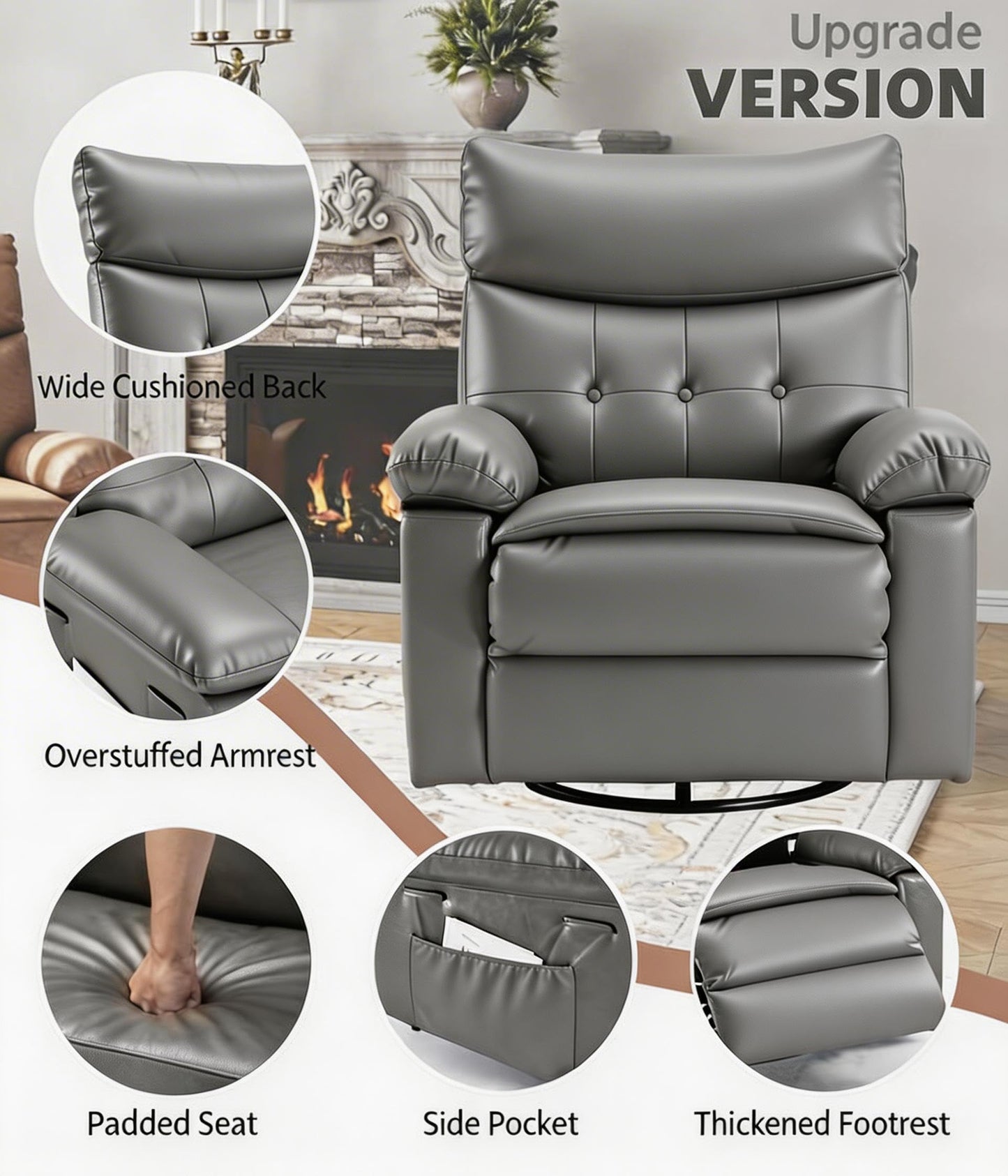 GarveeHome Oversized Recliner Chair, 27" Extra Wide Manual Recliner with Heat and Massage, 400lbs Heavy Duty PU Leather Single Sofa, Large Lazy Chair for Big and Tall Adults, Living Room & Bedroom