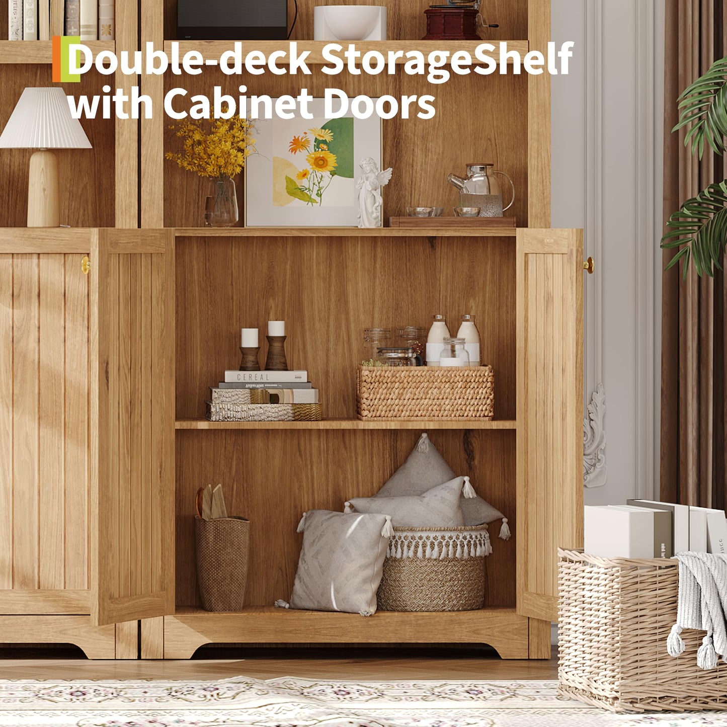 Garvee 71" Tall Arched Book Shelf, 5-Tier Freestanding Bookcase with Double Doors and Open Shelves, Natural Wood Grain, Gold Handles, for Living Room or Study, Natural