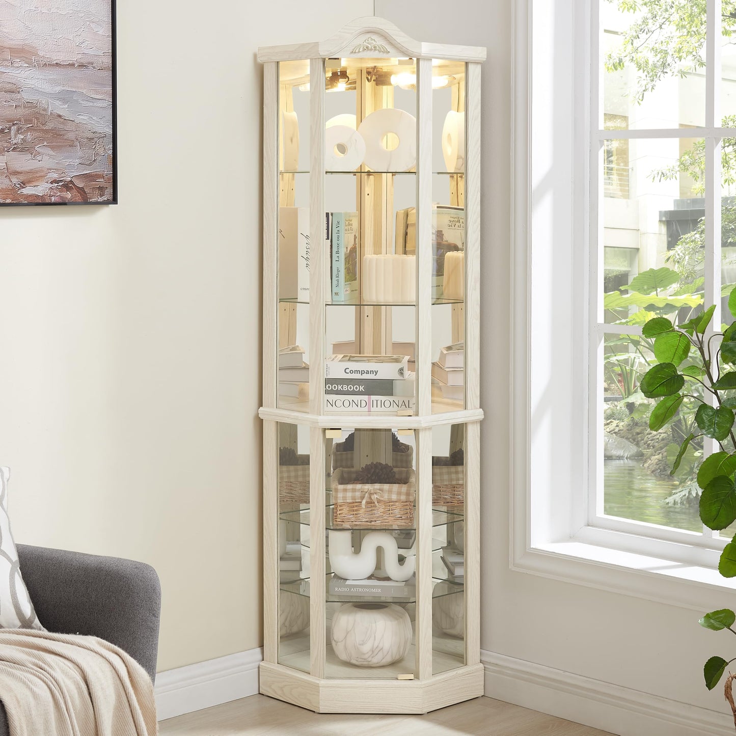 KEIKI 72" Corner Glass Display Cabinet with Adjustable Shelves, for Collectibles, Storage Curio Cabinet with Arched Floral Carving Decoration, 6-Tier Showcase Display Case, for Living Room, White