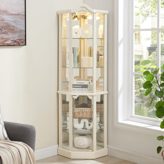 KEIKI 72" Corner Glass Display Cabinet with Adjustable Shelves, for Collectibles, Storage Curio Cabinet with Arched Floral Carving Decoration, 6-Tier Showcase Display Case, for Living Room, White