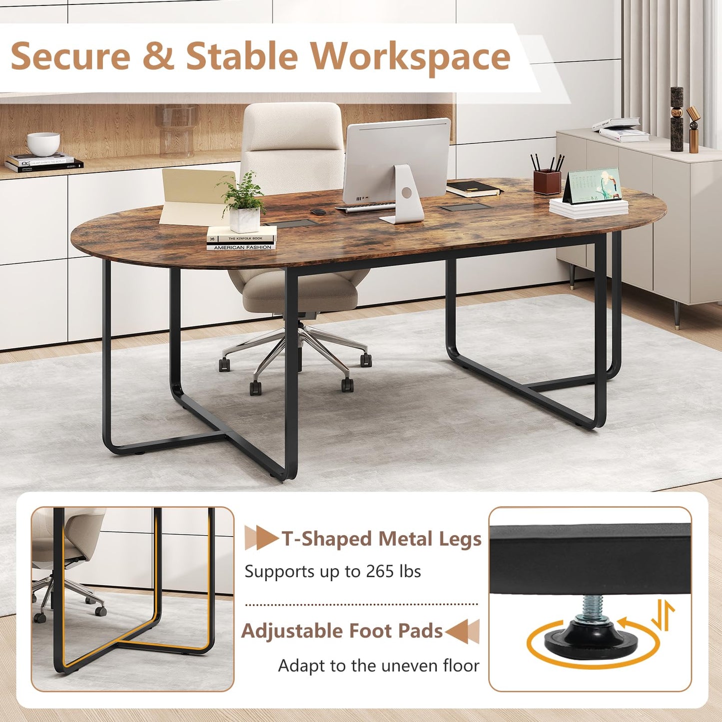 Nightcore 8 FT Oval Conference Table, 95" x 48" x 30" Large Meeting Table with Cable Holes and Strong Metal Frame for Office, Business Style Training Table for 12 People, Rustic Brown & Black