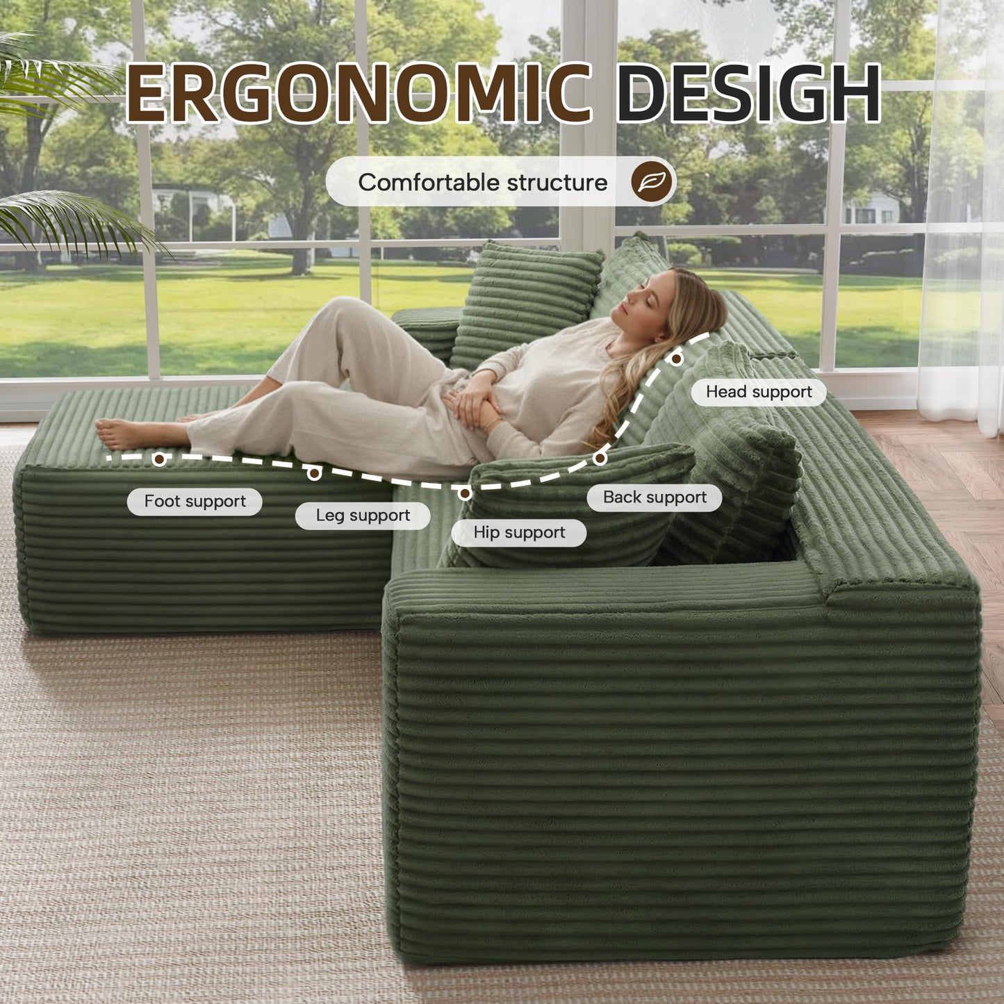 Topcomfy 106” Modular Sectional Sofa, Cloud Sectional Couch with High-Density Memory Foam, L-Shaped Boneless Sofa for Living Room, Pet-Friendly Corduroy Modular Couch, No Assembly Required Green