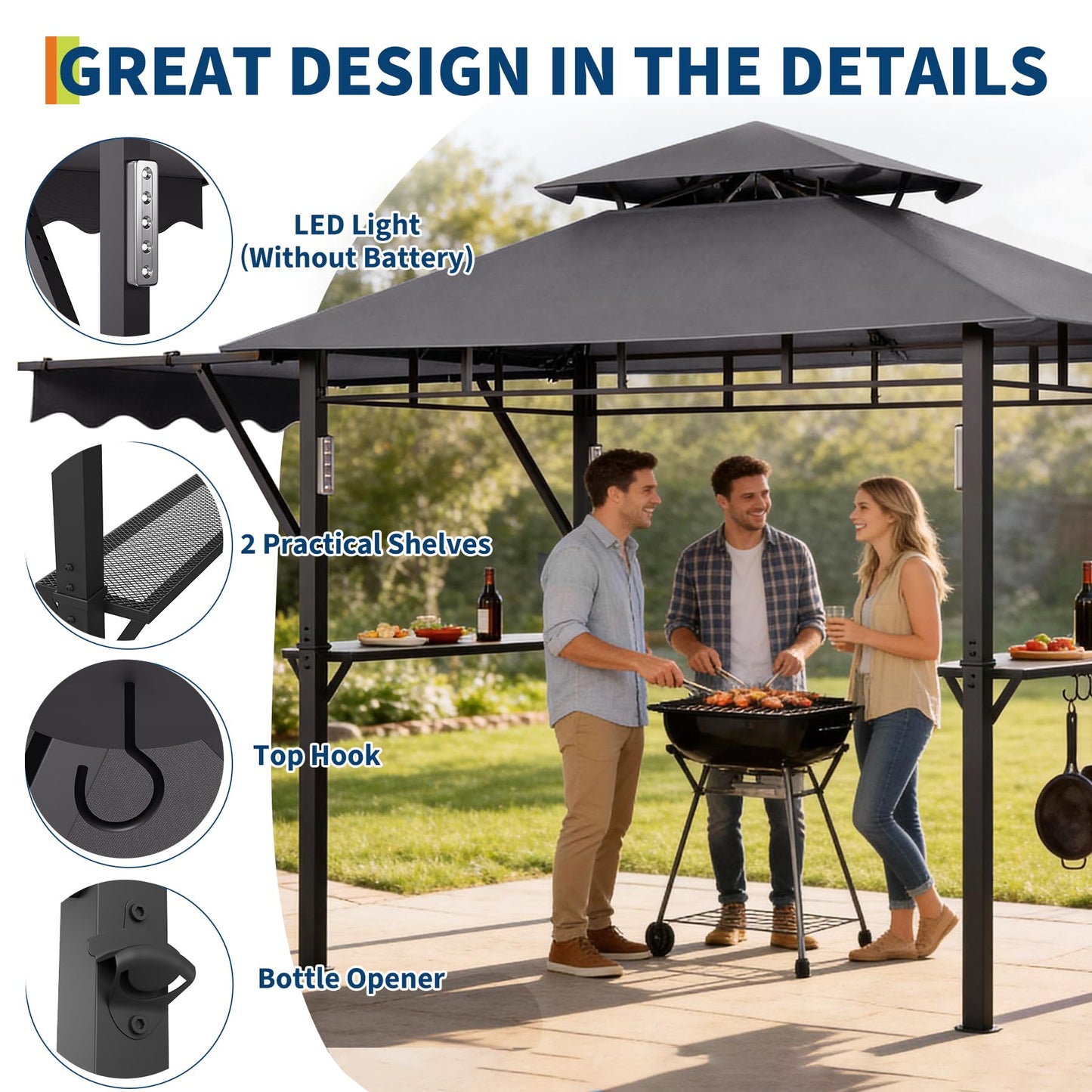 8x5 ft Grill Gazebo, Double Tired Outdoor Patio Canopy Tent with Side Awning Shelves, 4 LED Lights,10 Hooks & Bottle Opener,Heavy Duty Steel Frame Grilling Canopy for Patio Backyard Garden Picnic,Grey