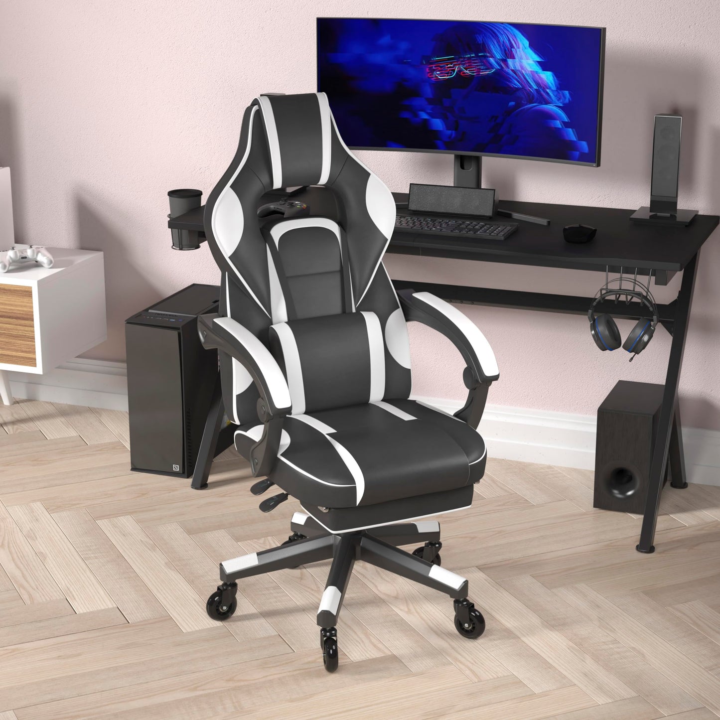 Flash Furniture X40 Gaming Chair Racing Computer Chair with Fully Reclining Back/Arms and Transparent Roller Wheels, Slide-Out Footrest, - White