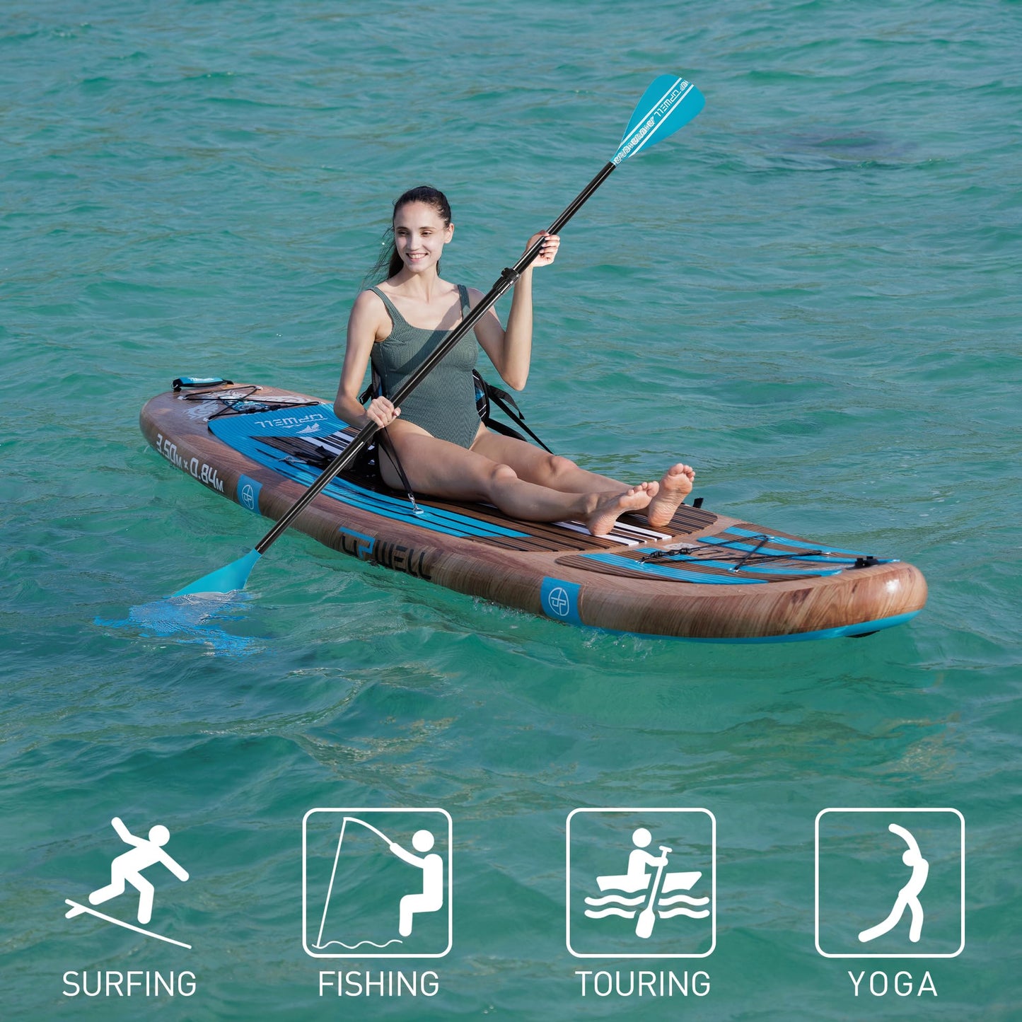 UPWELL 11’6”Inflatable Stand Up Paddle Board with Kayak Seat, Premium SUP Paddle Boards for Adults, Blow up Paddle Boards 6” Thick, Timber