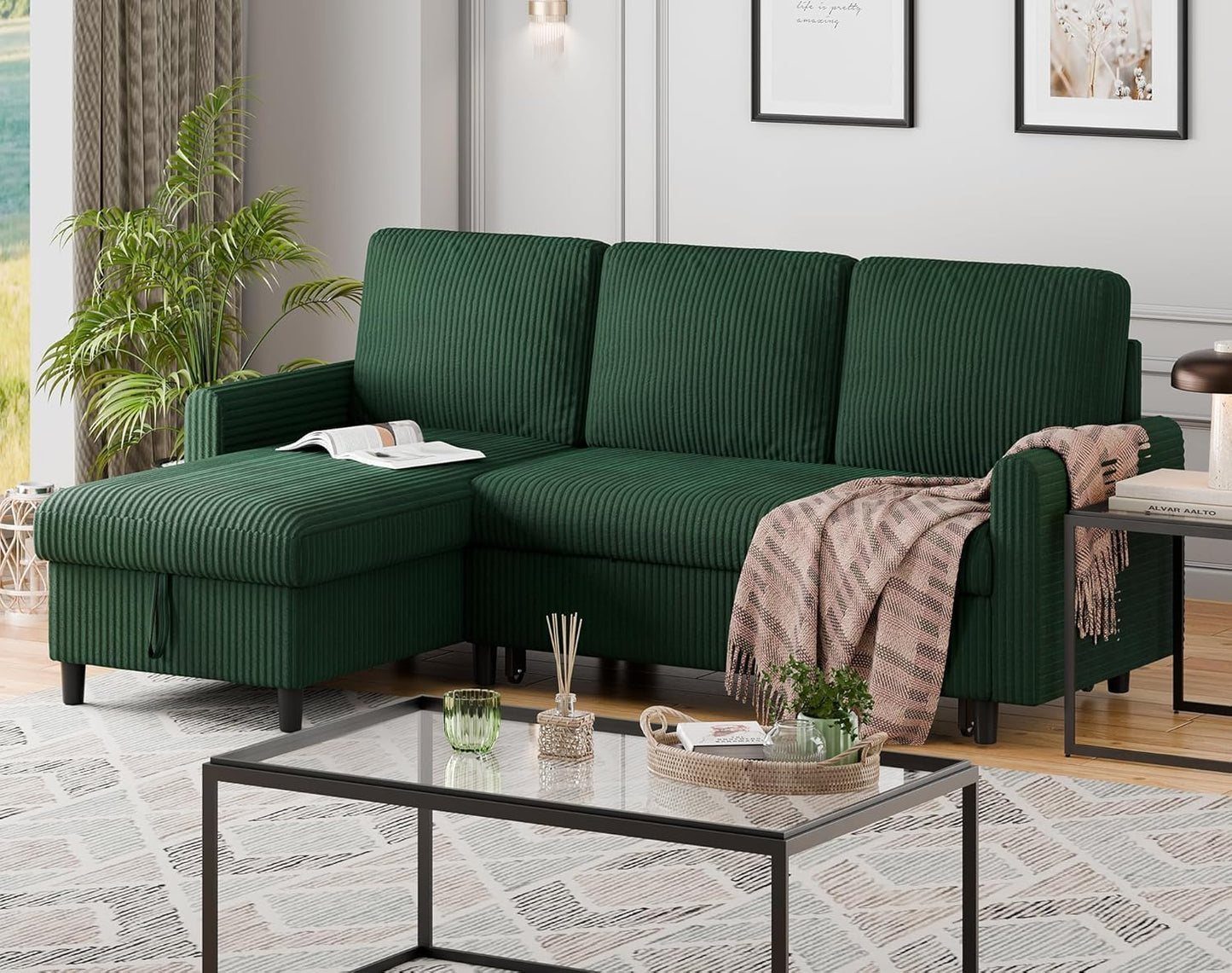 Shintenchi Futon Sofa Bed Convertible Couches L Shaped, 4‑in‑1 Sectional Sleeper Sofa Pull Out Couches for Living Room, Multifunctional Couch with Storage Chaise Corduroy Fabric, Green
