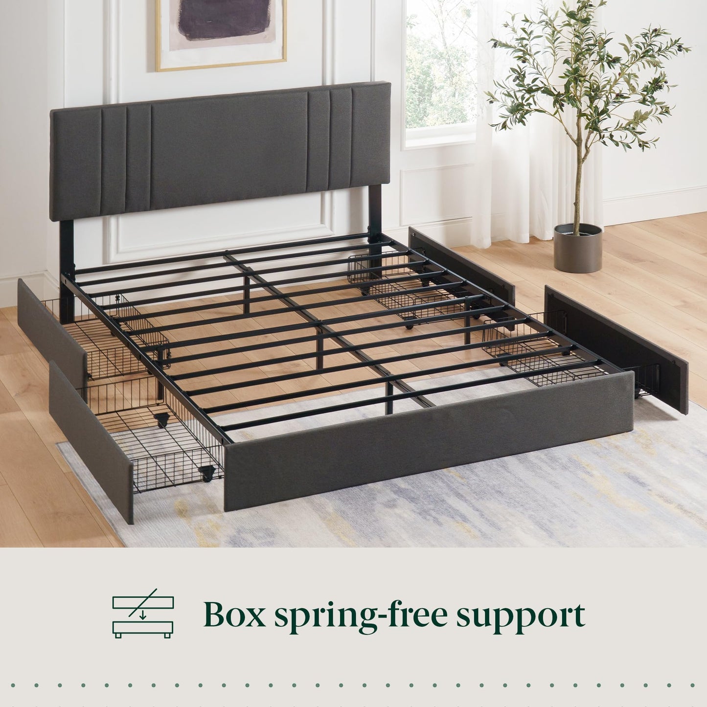 Zinus Billie Platform Bed Frame, Four Underbed Storage Drawers, Height Adjustable Headboard, Upholstered Style, Queen