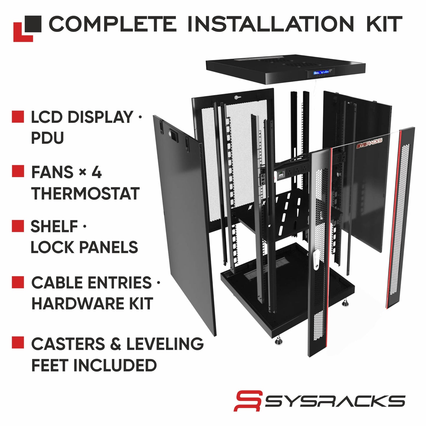 Sysracks 27U Server Rack Cabinet, 39" Deep, Glass Door, 19-Inch