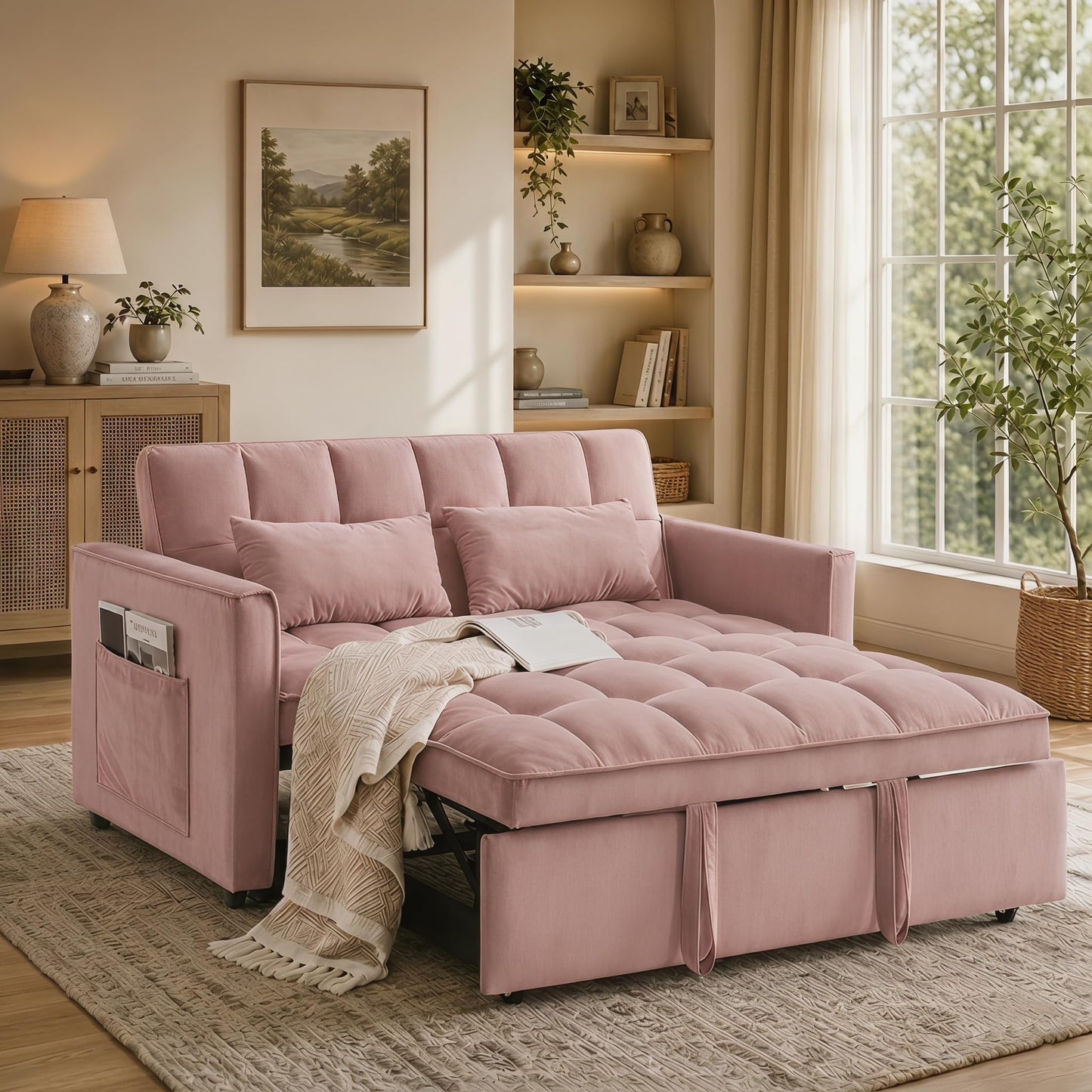 NicBex Sleeper Sofa Bed, Pull Out Couch Bed with Adjustable Backrest, Velvet Fabric Sleeper Sofa with Side Pocket, Convertible Loveseat Sleeper Sofa for Small Space, Living Room, Bedroom, Pink