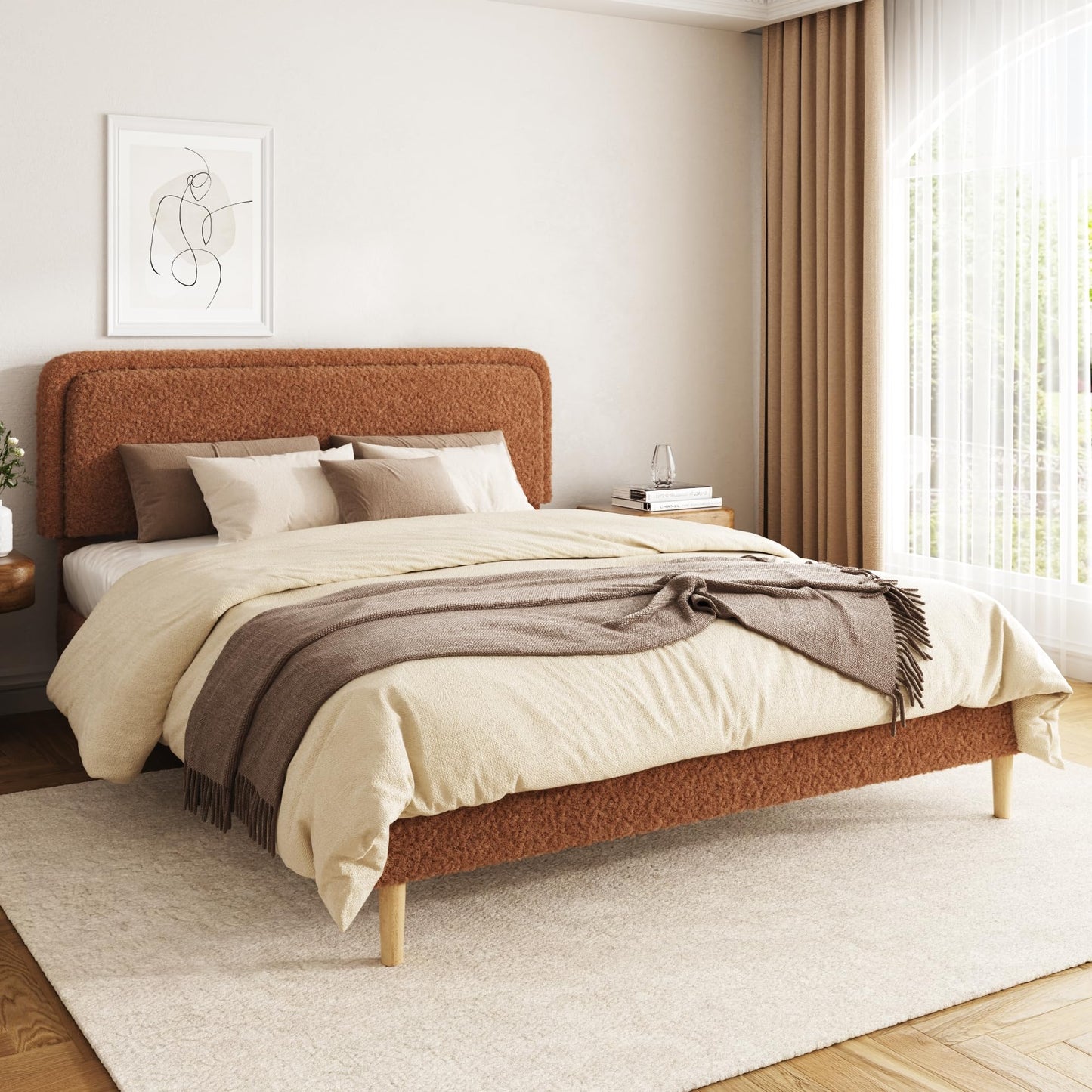 JULYFOX Boucle Upholstered Bed Frame with Adjustable Headboard Height, No Box Spring Needed, Noise Free Platform Bed Frame, Teddy Soft Fabric Bed Base, 1000 Lbs Heavy Duty Support (Brown, King)