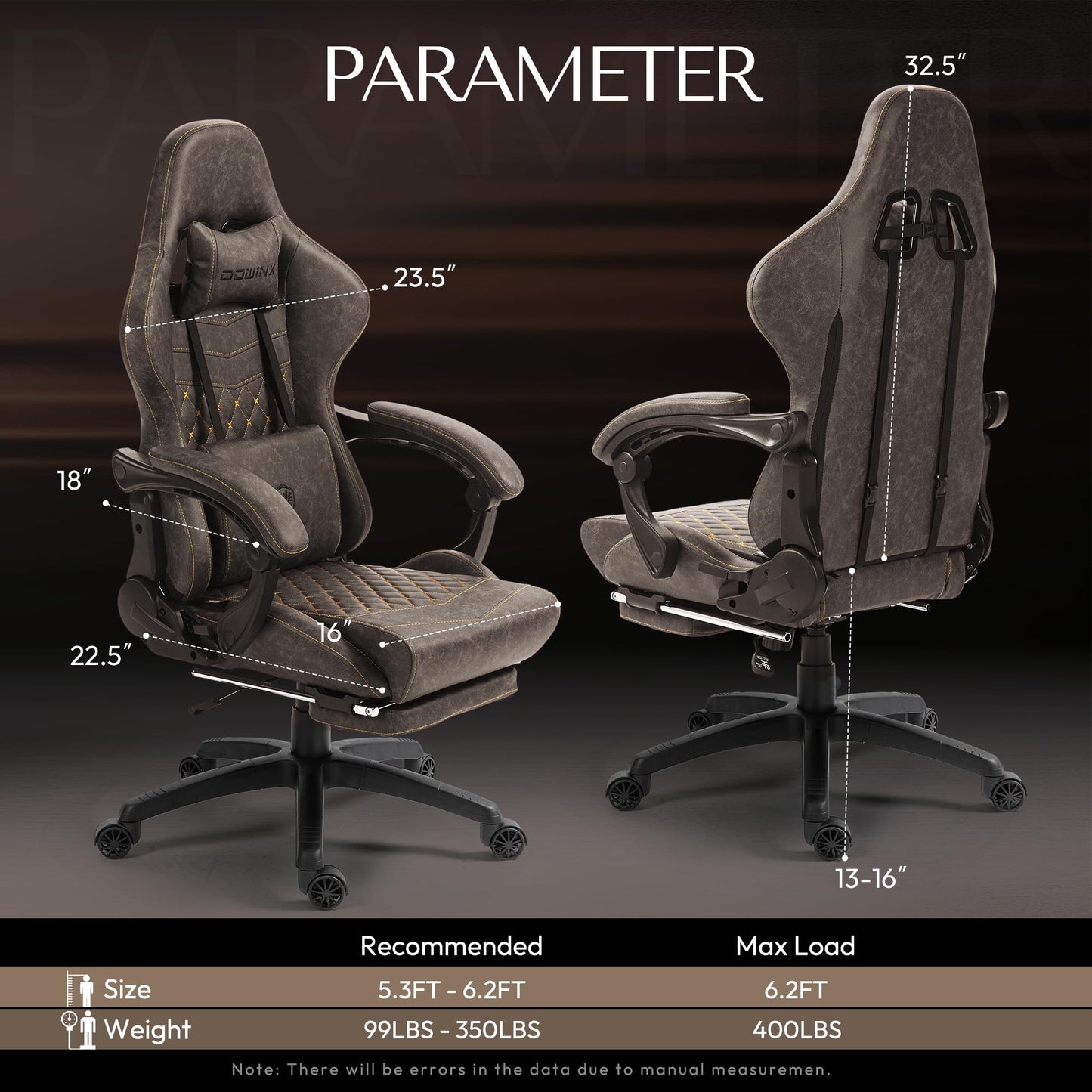 Dowinx Gaming Chair Big and Tall, Ergonomic PC Gaming Chair with Footrest & Massage, Racing Style Reclining Computer Chair for Adults, 400LBS Capacity - Heavy Duty Gamer Chair (Brown)