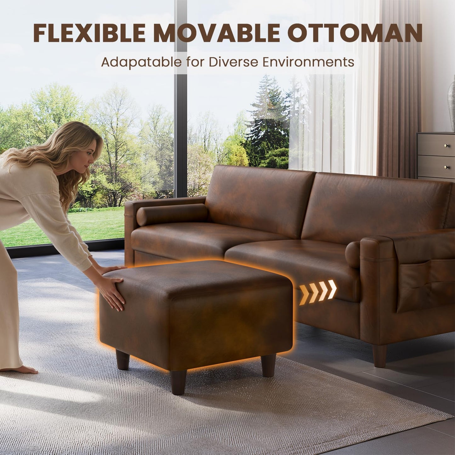 Vesgantti 100" L Shaped Faux Leather Couch with Movable Ottoman, Extra Wide Seater PU Leather Sectional Sofa with Side Pocket, Mid Century Modern Modular Sofa for Living Room, Apartment, Dark Brown