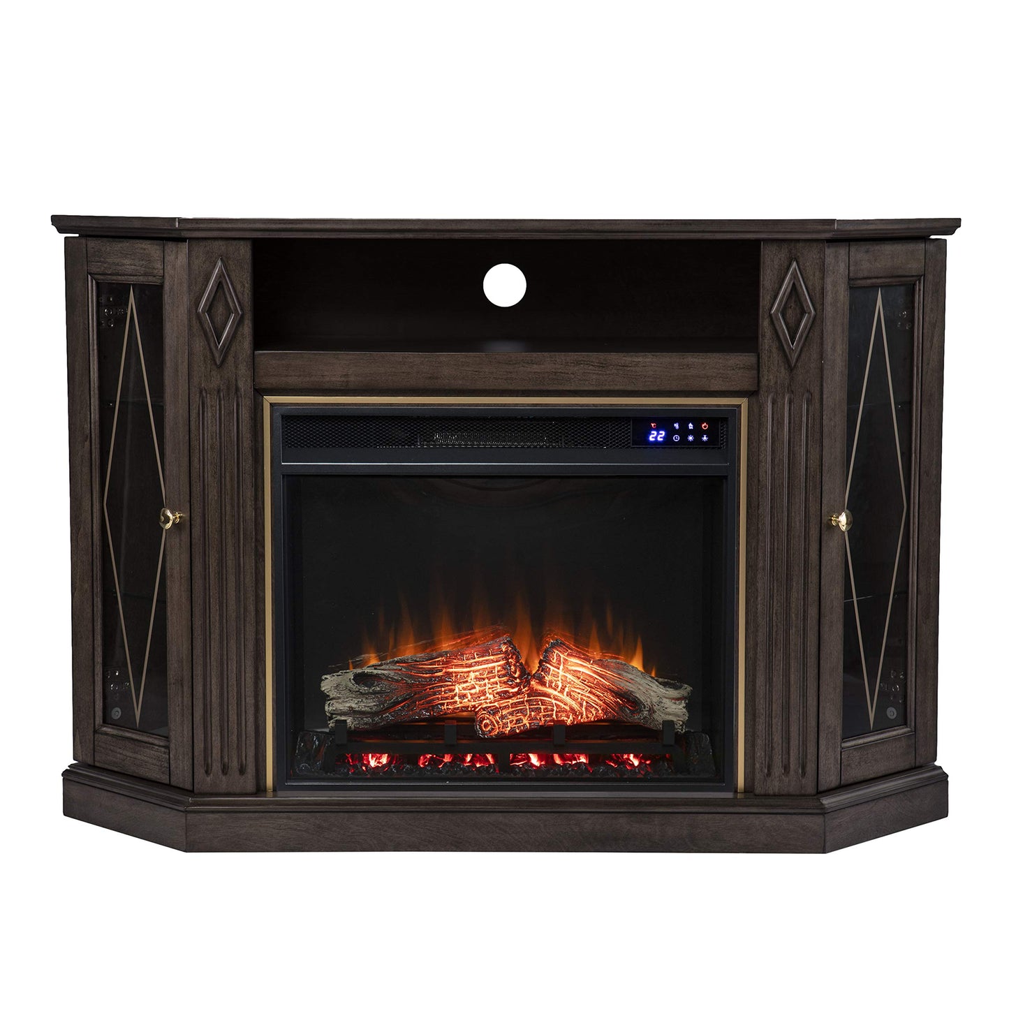 SEI Furniture Austindale Electric Fireplace Corner TV Stand for TVs up to 45 Inches, Touch Screen Control Panel, Brown