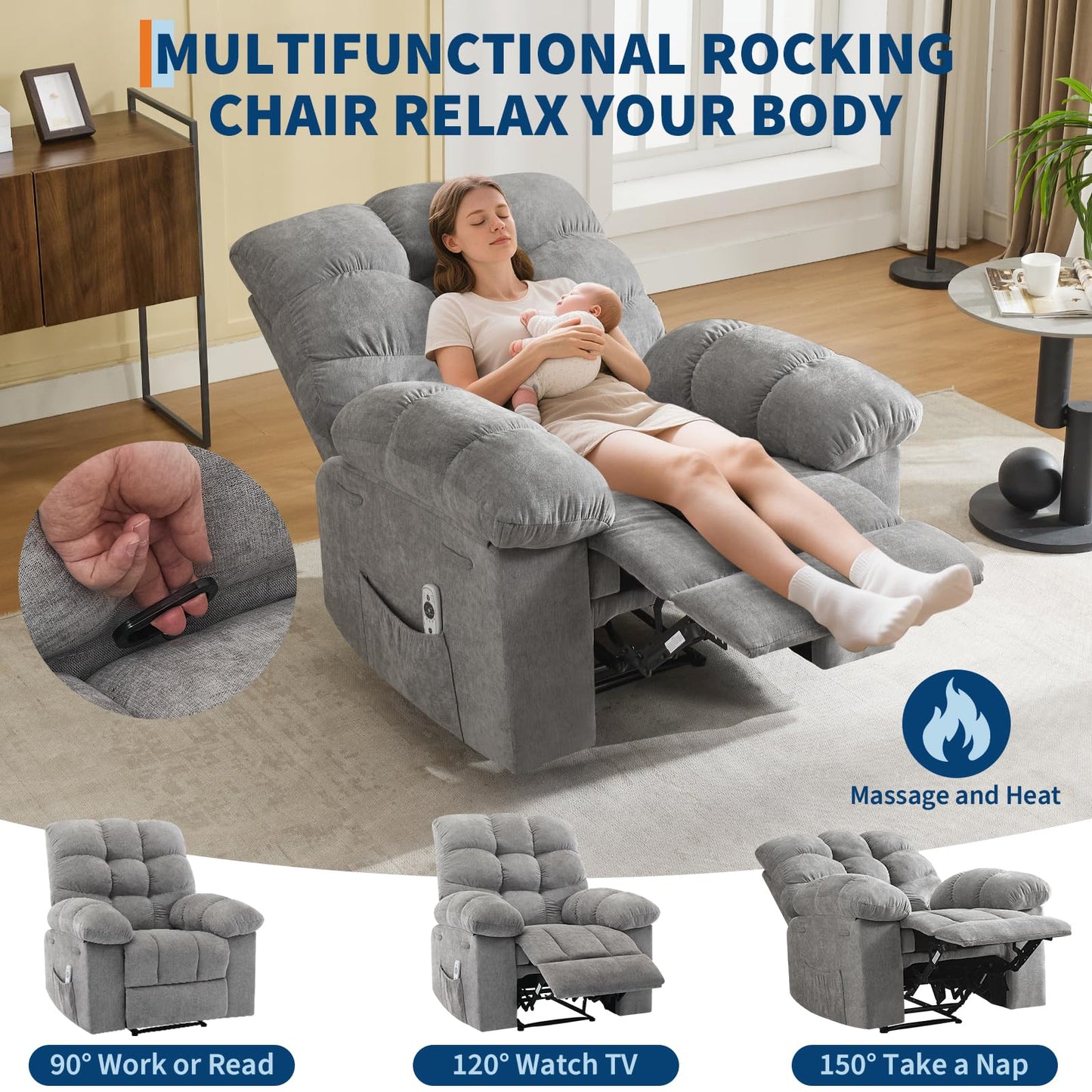 21.4'' Wide Recliner Chair,Massage & Heat Recliner Chair for Adults,Home Theater Seating with Lumbar Support,Ergonomic Breathable Fabric Nursery Rocking Chairs for Living Room
