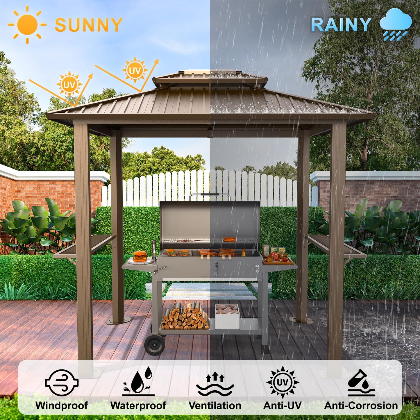 Hoteel 6x8 Hardtop Grill Gazebo, Outdoor Patio BBQ Gazebo with Galvanized Steel Double Roof, Hardtop Barbecue Canopy with 2 Side Shelves for Deck Lawn Backyard Garden,Brown