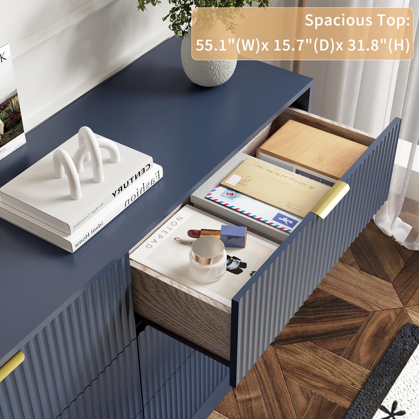 Sscaktu 6 Drawer Fluted Dresser for the Bedroom, 55" Wide Wooden Dresser with Deep Drawers, Large Floor Chest of Drawers, Modern Long TV Stand, Storage Cabinet for Livingroom, Hallway, Blue