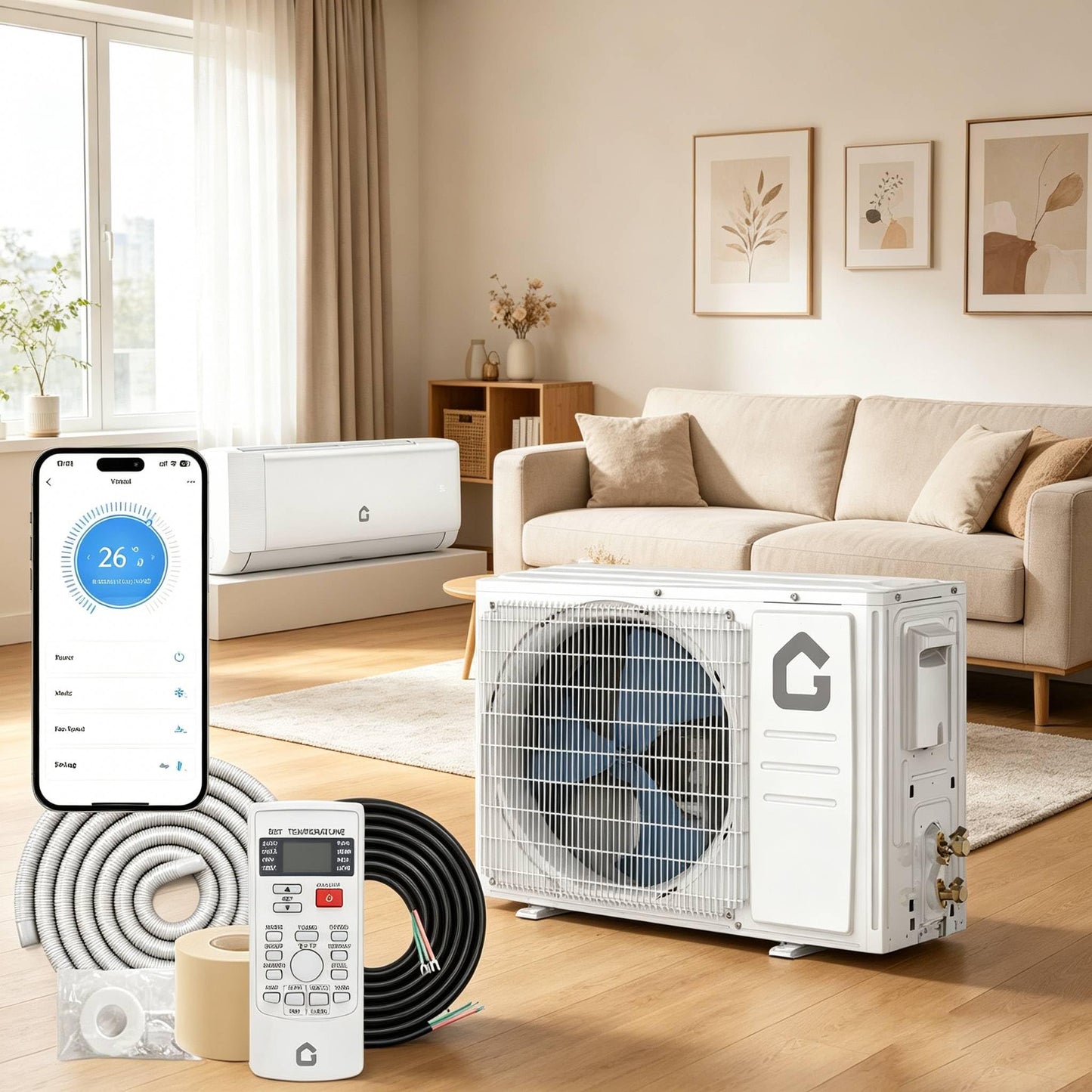 Inverter Mini Split System w/Wifi,18,000 BTU Mini Split Air Conditioner with Heat Pump,Cools & Heats Up to 1,250 Sq. Ft., 19 SEER2 Ductless Inverter System, 5 Modes, WiFi & Remote Control
