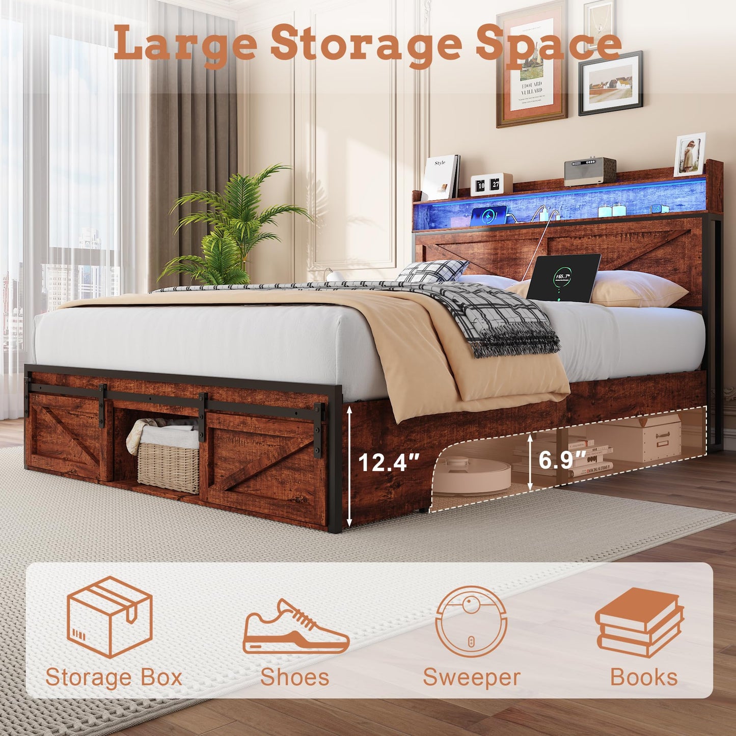 KEIKI Queen Size Bed Frame with Storage Headboard, Wood Platform Bed with Charging Station & Footboard Drawers, Sturdy Metal Slats, Noise-Free, No Box Spring Needed, Brown