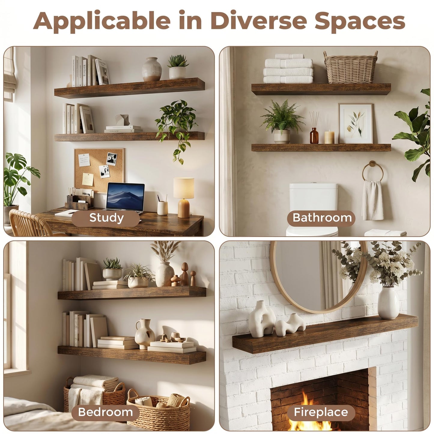FLYJOE Floating Shelves for Wall, 72 Inch Floating Shelves Set of 2, 8" D Wooden Wall Mounted Display Shelves with Invisible Brackets for Living Room, Bedroom, Bathroom, Kitchen Decor, Brown
