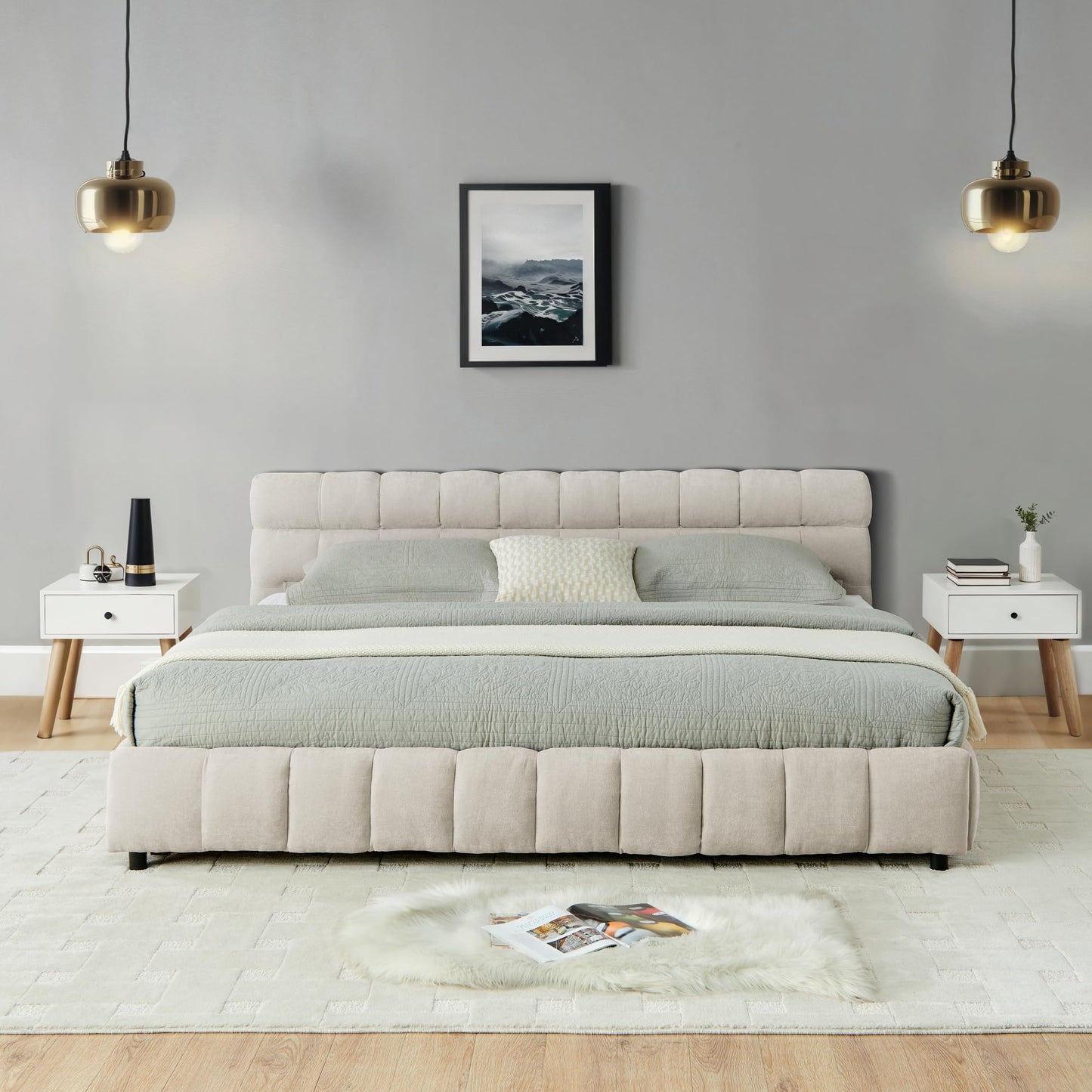 GDFStudio California King Size Upholstered Bed Frame with Thick Chenille Fabric, Modern Grounded Platform Bed with Headboard and Storage Drawers, Beige