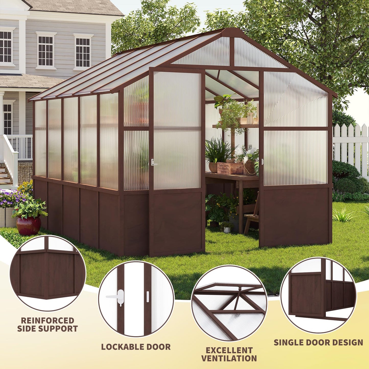 KEIKI 8x10 FT Greenhouse Outdoor, Thick Polycarbonate Greenhouses with Wood Frame, Walk-in Gardening Green House for Outside Patio Backyard, Lockable Door & Ajustable Roof Vent, Easy Assembly, Walnut