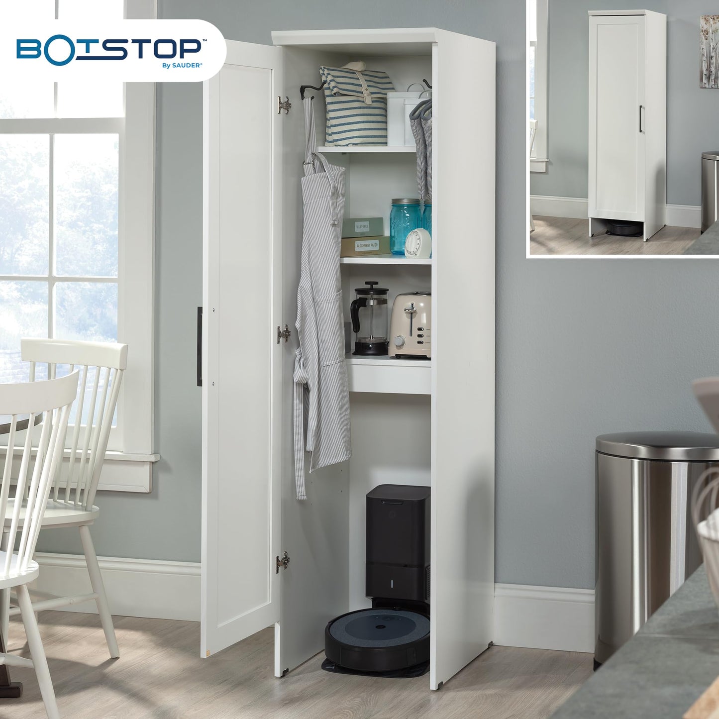 Sauder Homeplus Robot Vacuum Kitchen Pantry Storage Cabinet, Single Door with Adjustable Shelves, in Soft White