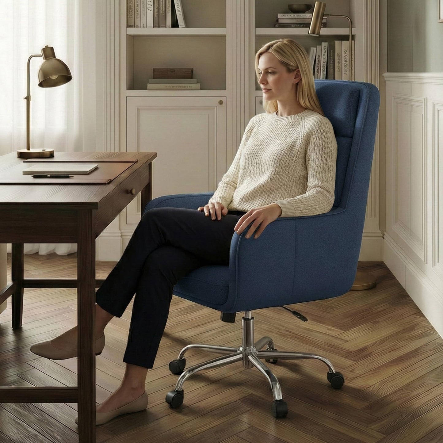 COLAMY Cocoon Modern Executive High Back Home Office Chair, Upholstered Desk Chair with Wheels, Vanity Chair with Head and Lumbar Support, Armrest (Beige)