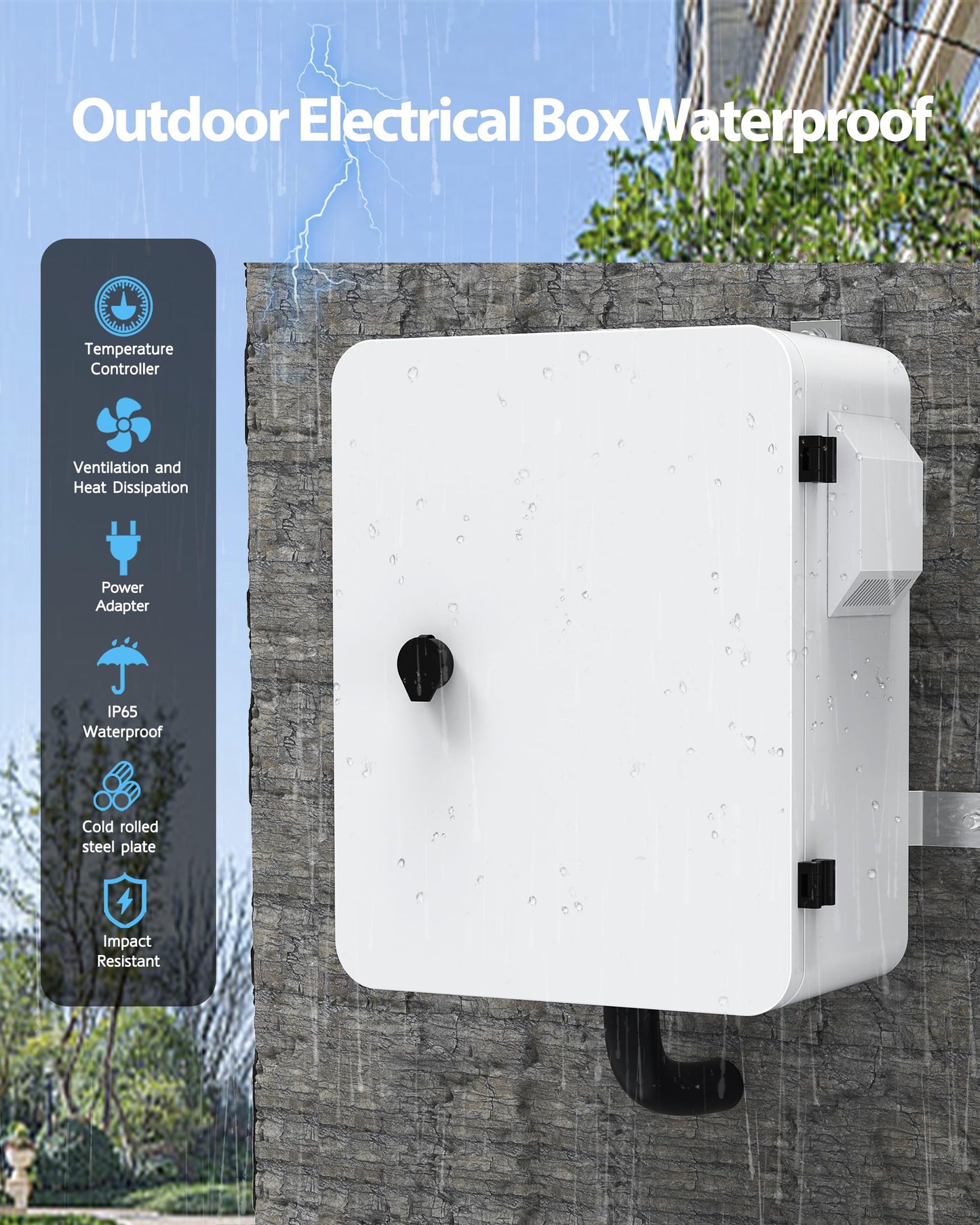 Akwscyby Outdoor Electrical Box with Thermostat and Fan, Precise Temperature Control 0.1°F, IP65 Water Resistant Rating, Galvanized Steel, Aluminum Rear Beam(17.7" x 13.8" x 7.9")