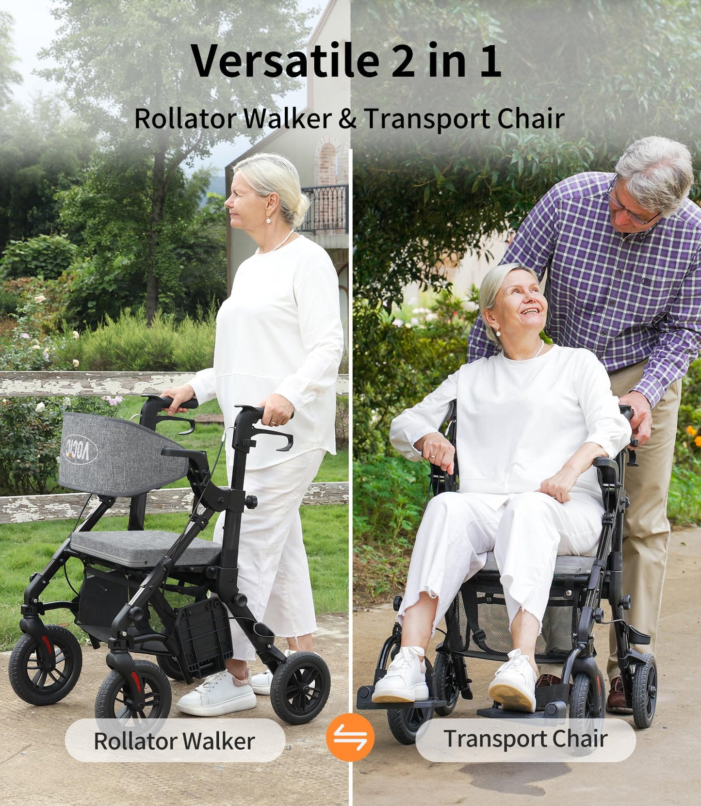 VOCIC Rollator-Walkers-for-Seniors-with-Seat, Walker Wheelchair Combo, Transport-Wheelchair-Lightweight-Foldable, Adult Walkers All Terrain, 2 in 1 Rolling Walker Chair with Brakes & Pouch