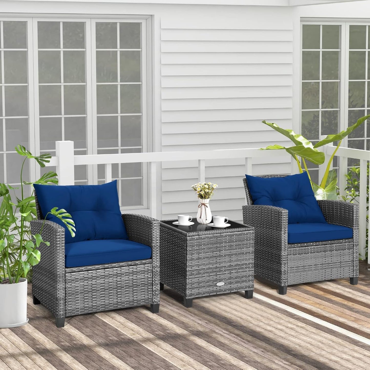 LDAILY Patio Furniture Set, 3 Pieces PE Rattan Wicker Patio Sofa Chairs with Washable Cushion & Glass Table, Outdoor Furniture Conversation Sets for Porch, Balcony, Garden, Poolside (Navy)